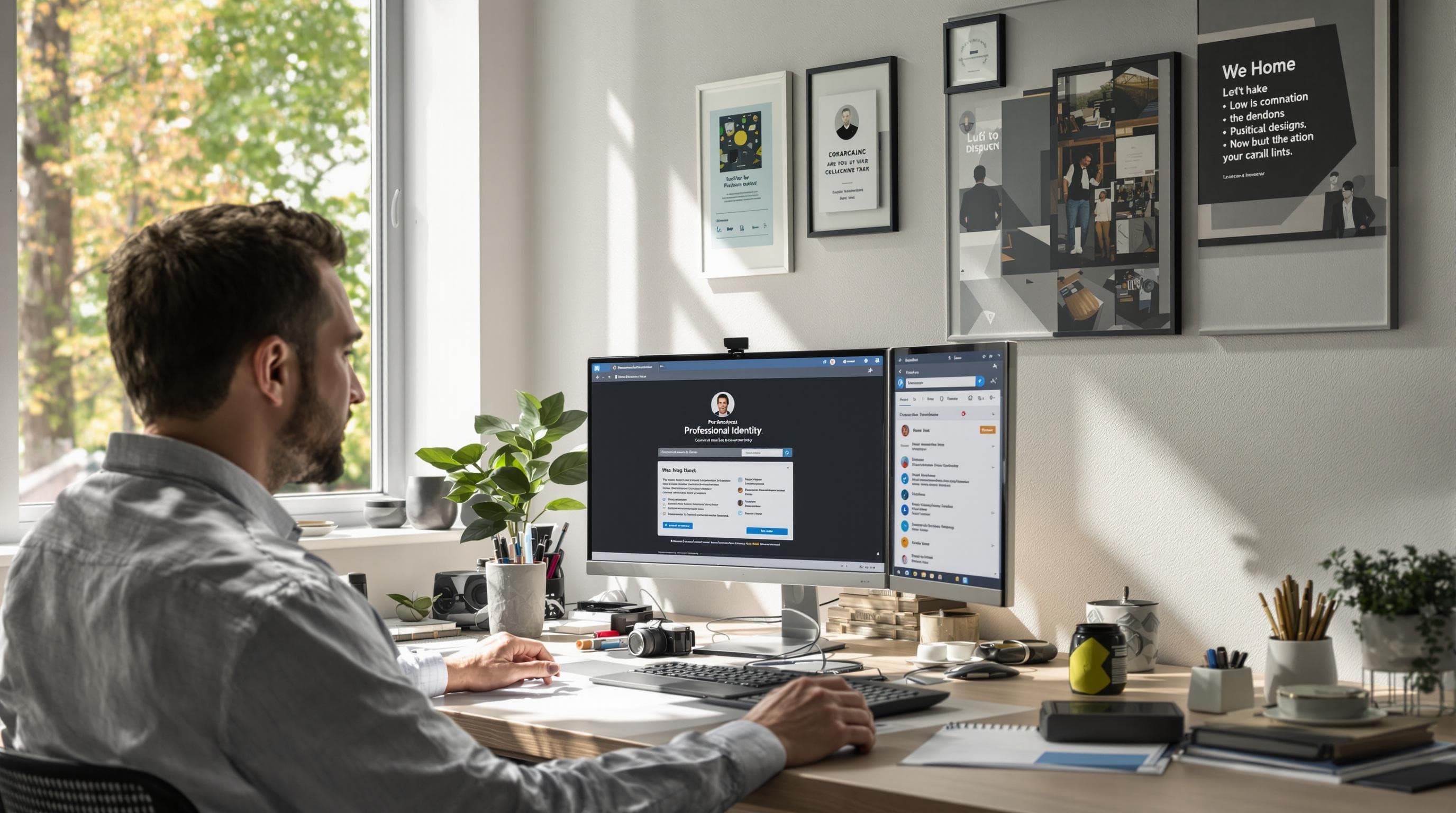 IT consultant at laptop with 'Professional Identity' shown on LinkedIn screen.