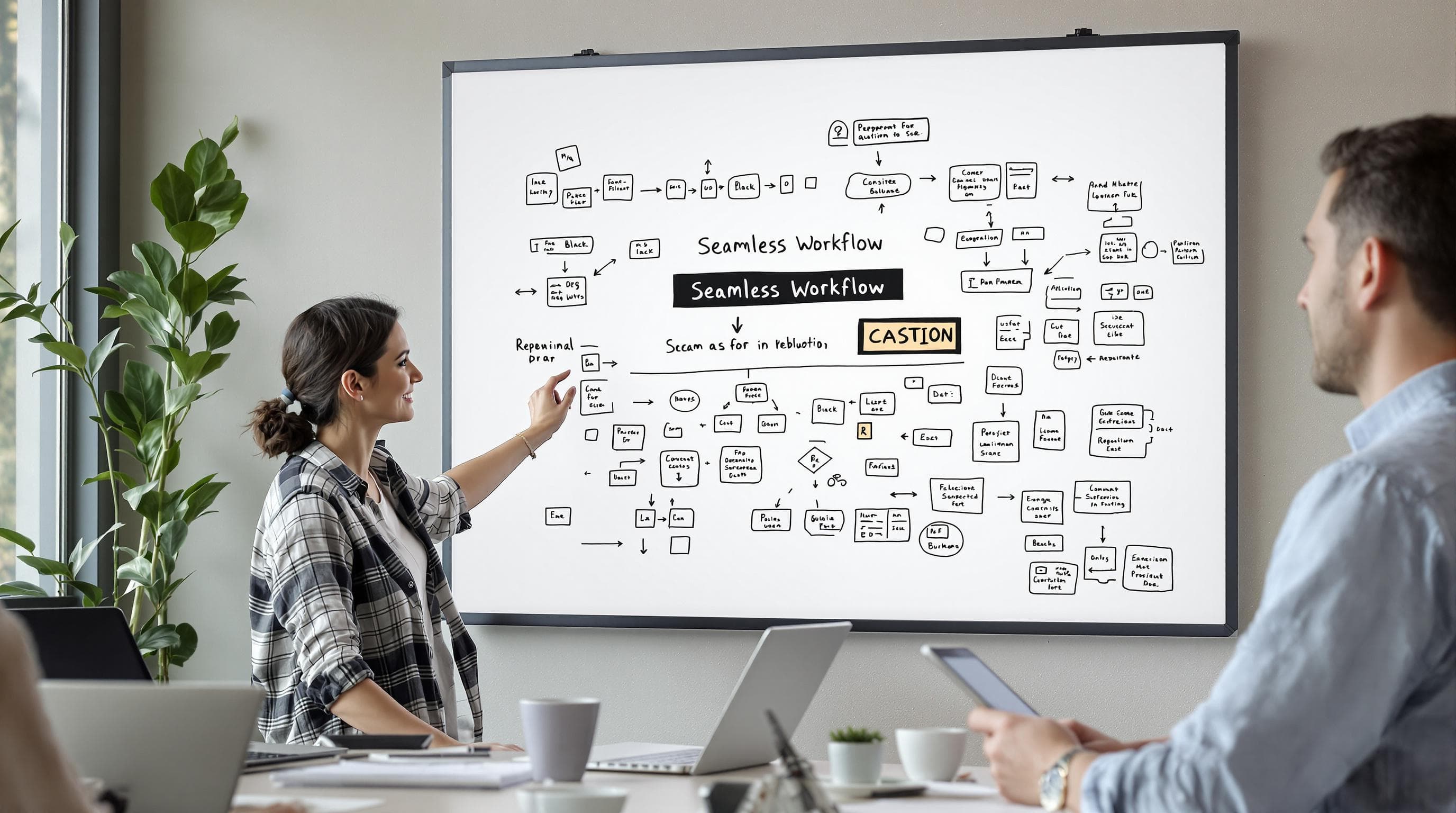 Two IT consultants collaborate using digital whiteboard with 'Seamless Workflow' text