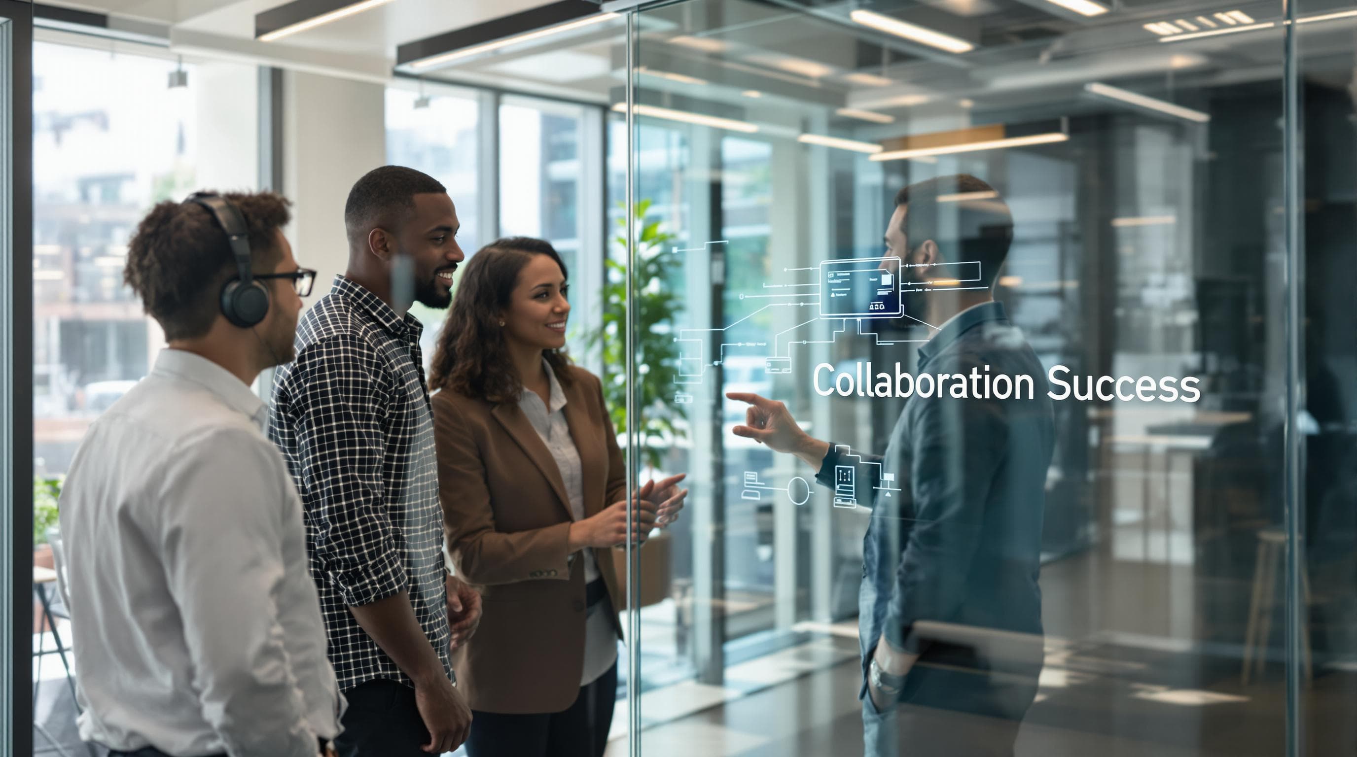 Diverse IT consultants collaborating in a modern office with 'Collaboration Success' on glass wall