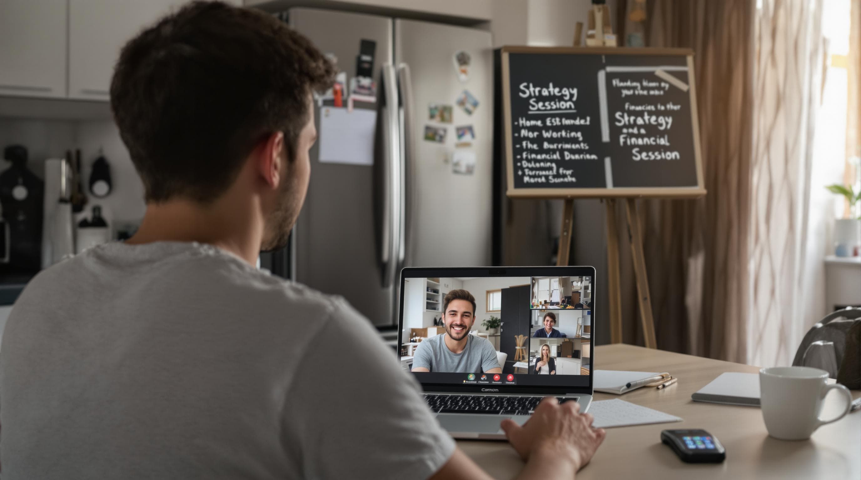 IT professional on video call with advisor, kitchen whiteboard says 'Strategy Session'