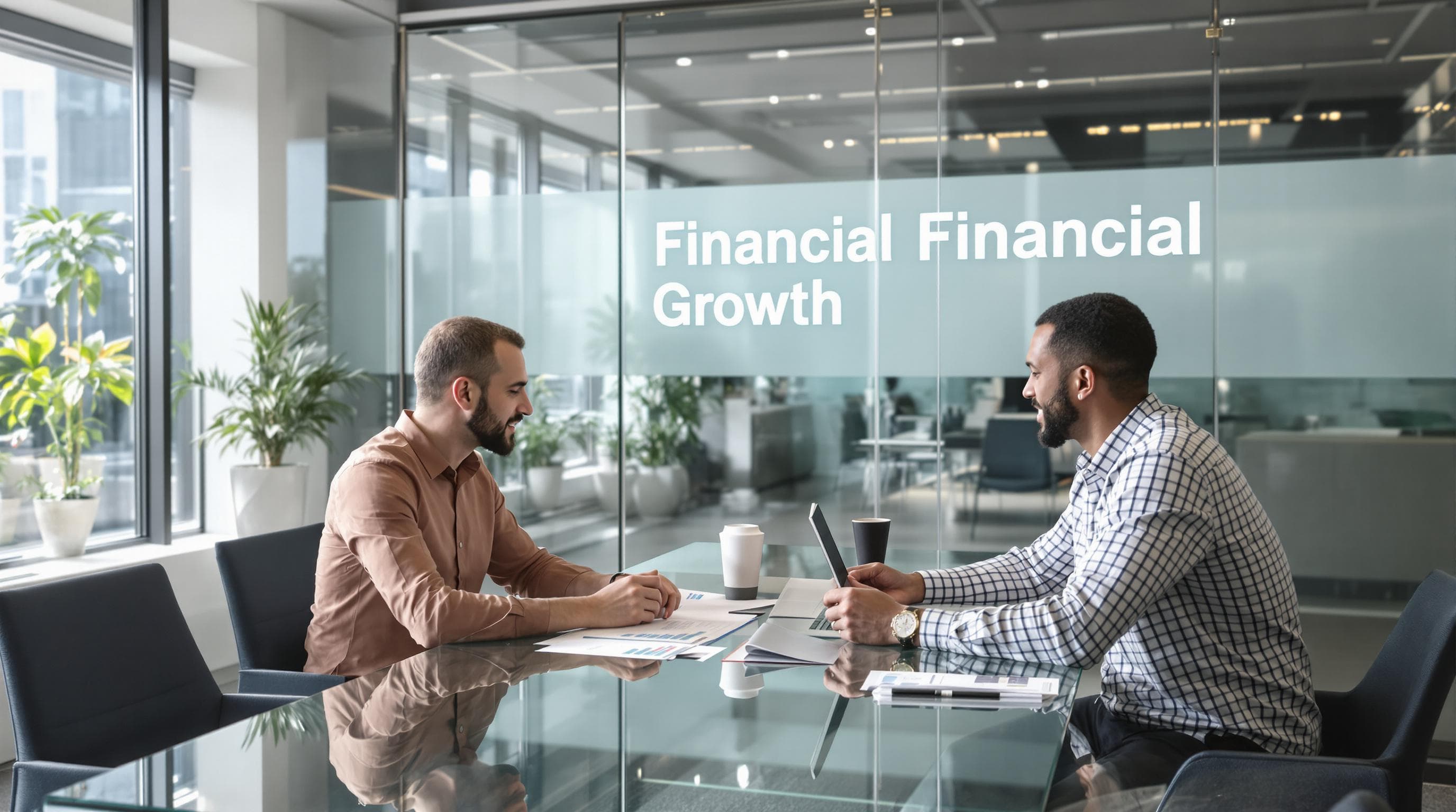 IT consultant and technology professional discuss financial plans in modern office with 'Financial Growth' on glass wall