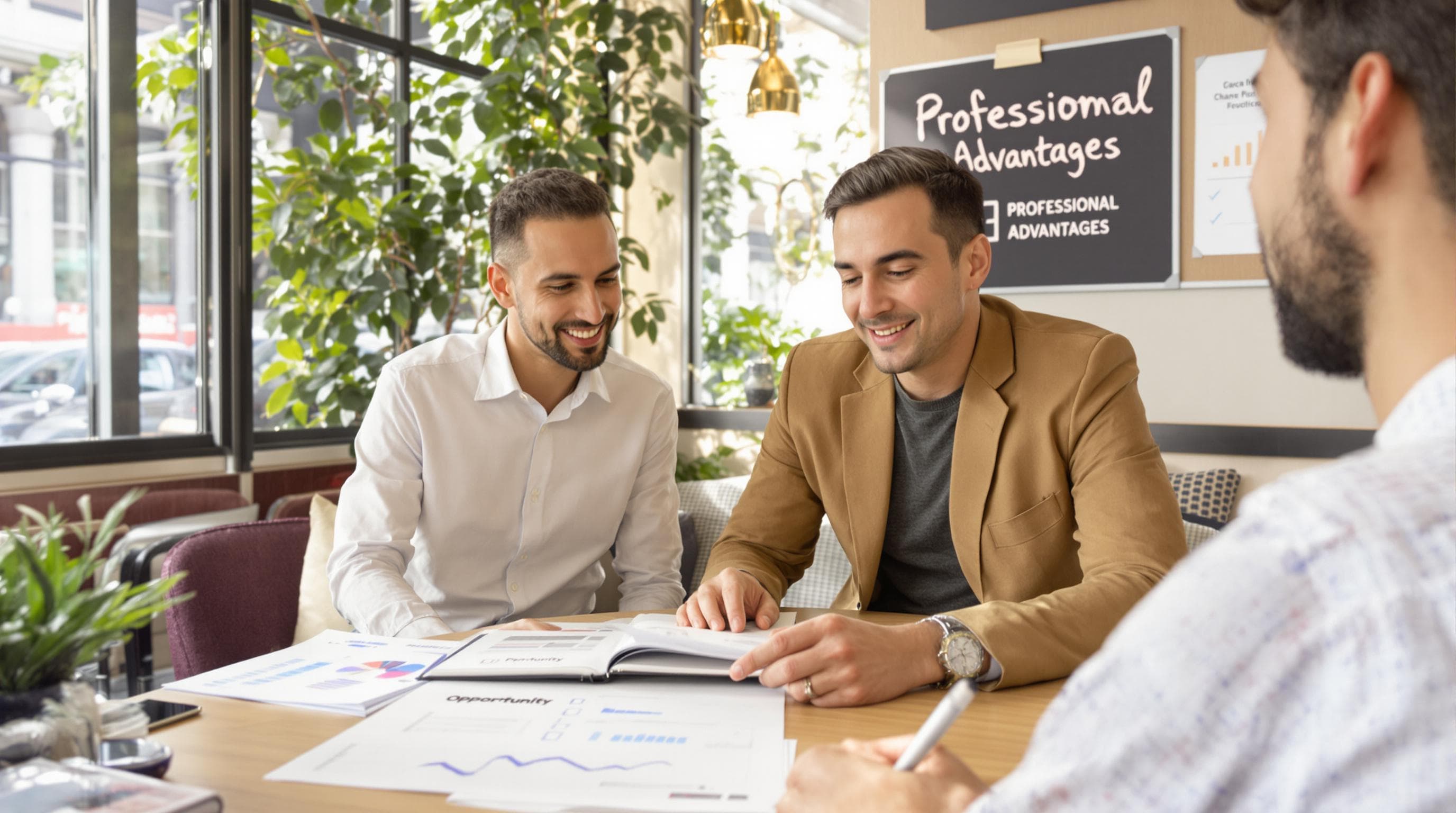 Consultant and client review financial charts with 'Professional Advantages' in background