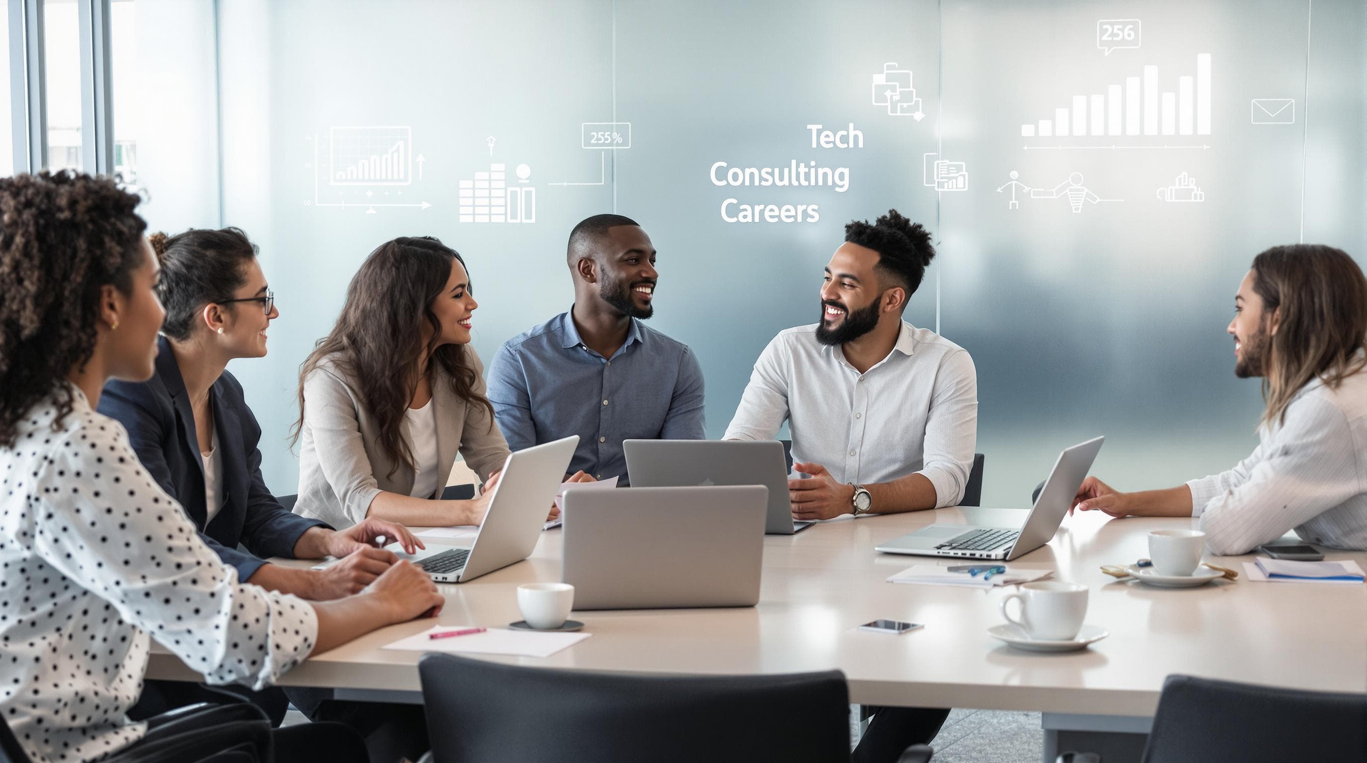 IT consultants collaborating in a bright office with 'Consulting Careers' on wall