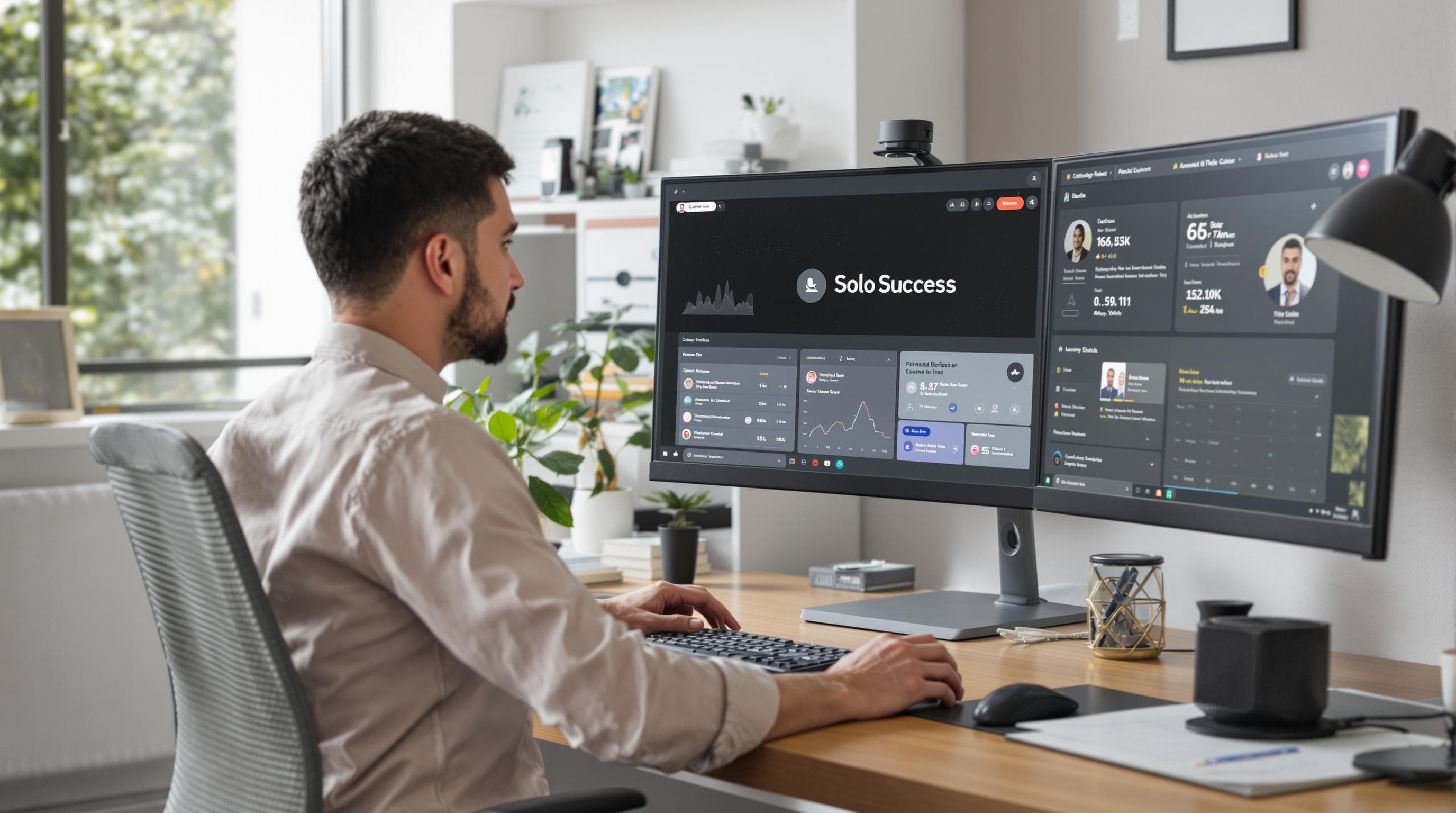 Solo IT consultant in home office on video call, 'Solo Success' on screen