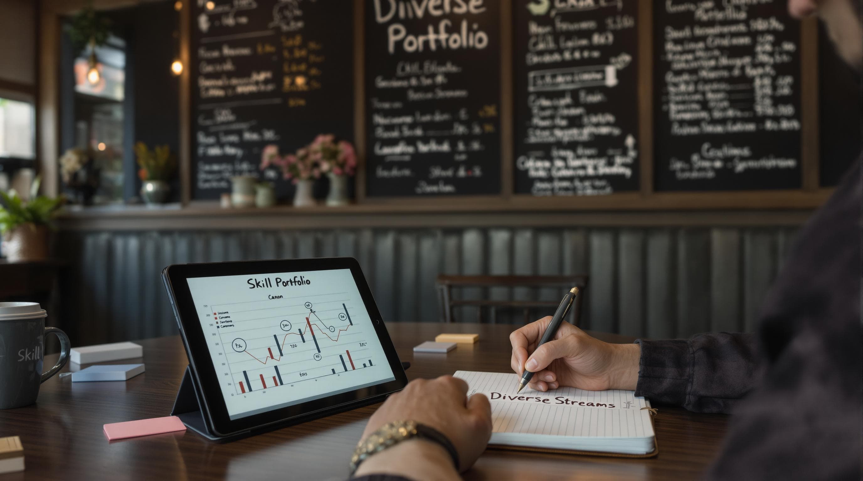 IT consultant planning diverse income and skills in coffee shop setting