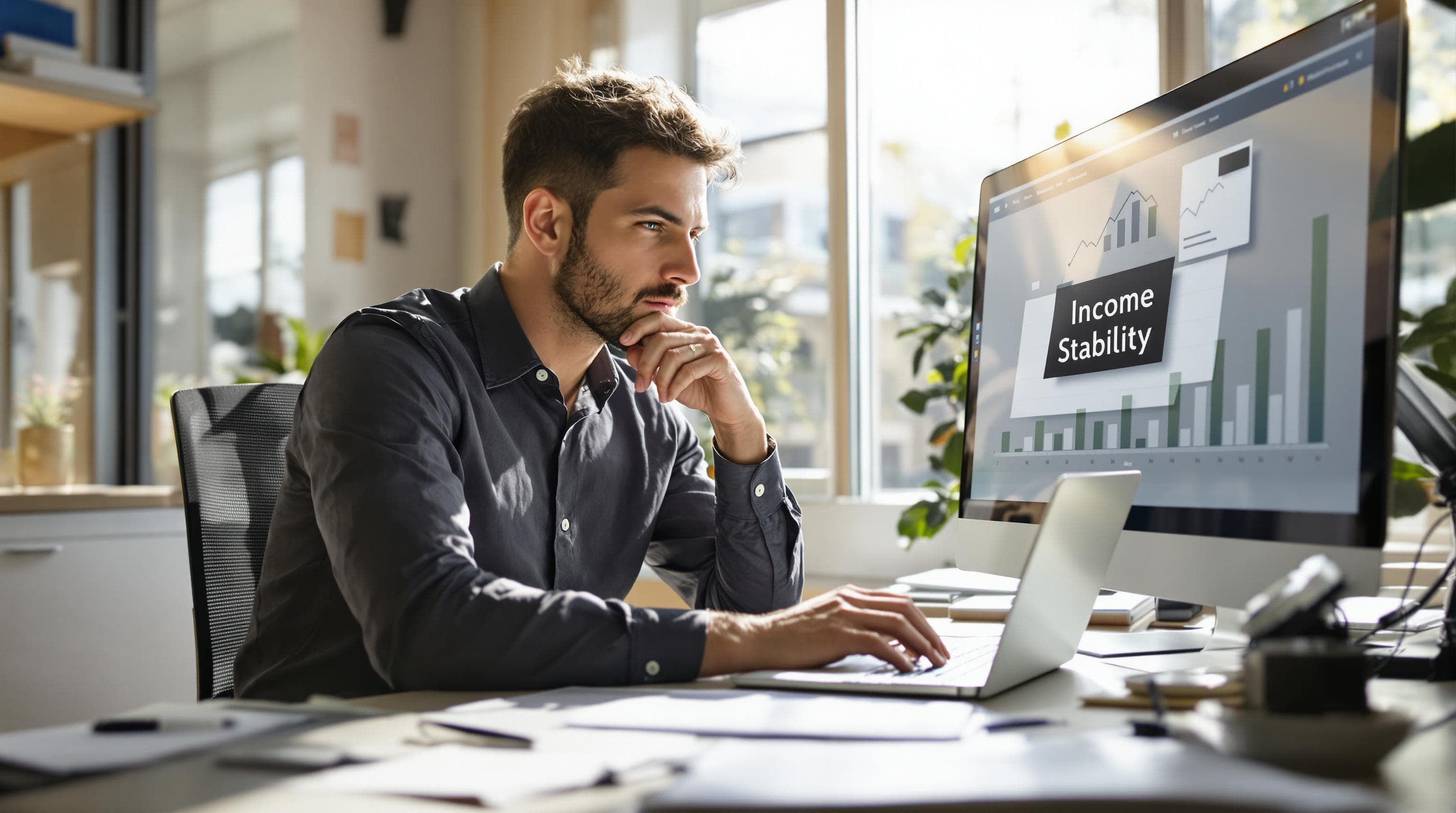 IT consultant reviewing income graphs highlighting strategies for financial stability
