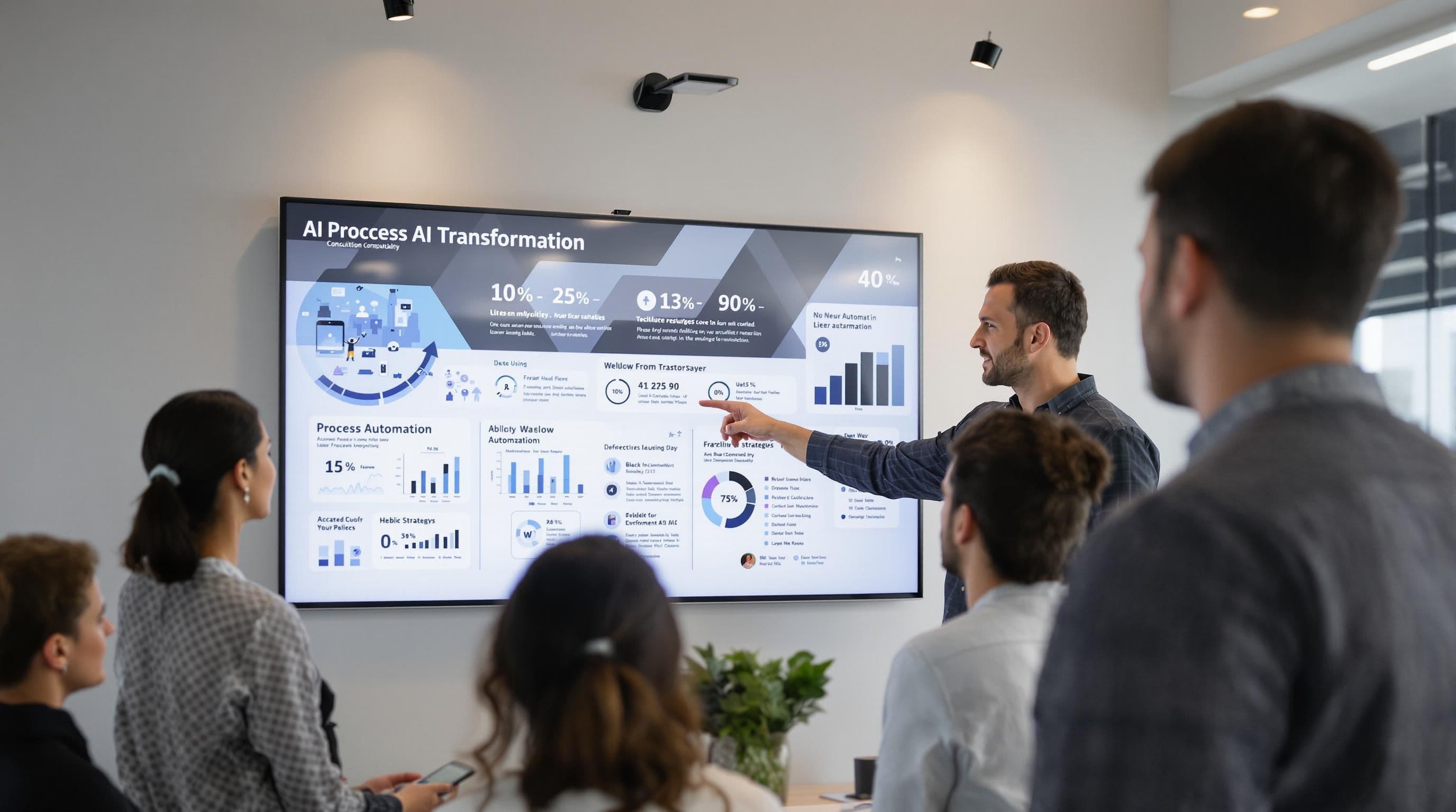 Hybrid consulting team discusses automation AI workflow in coworking space