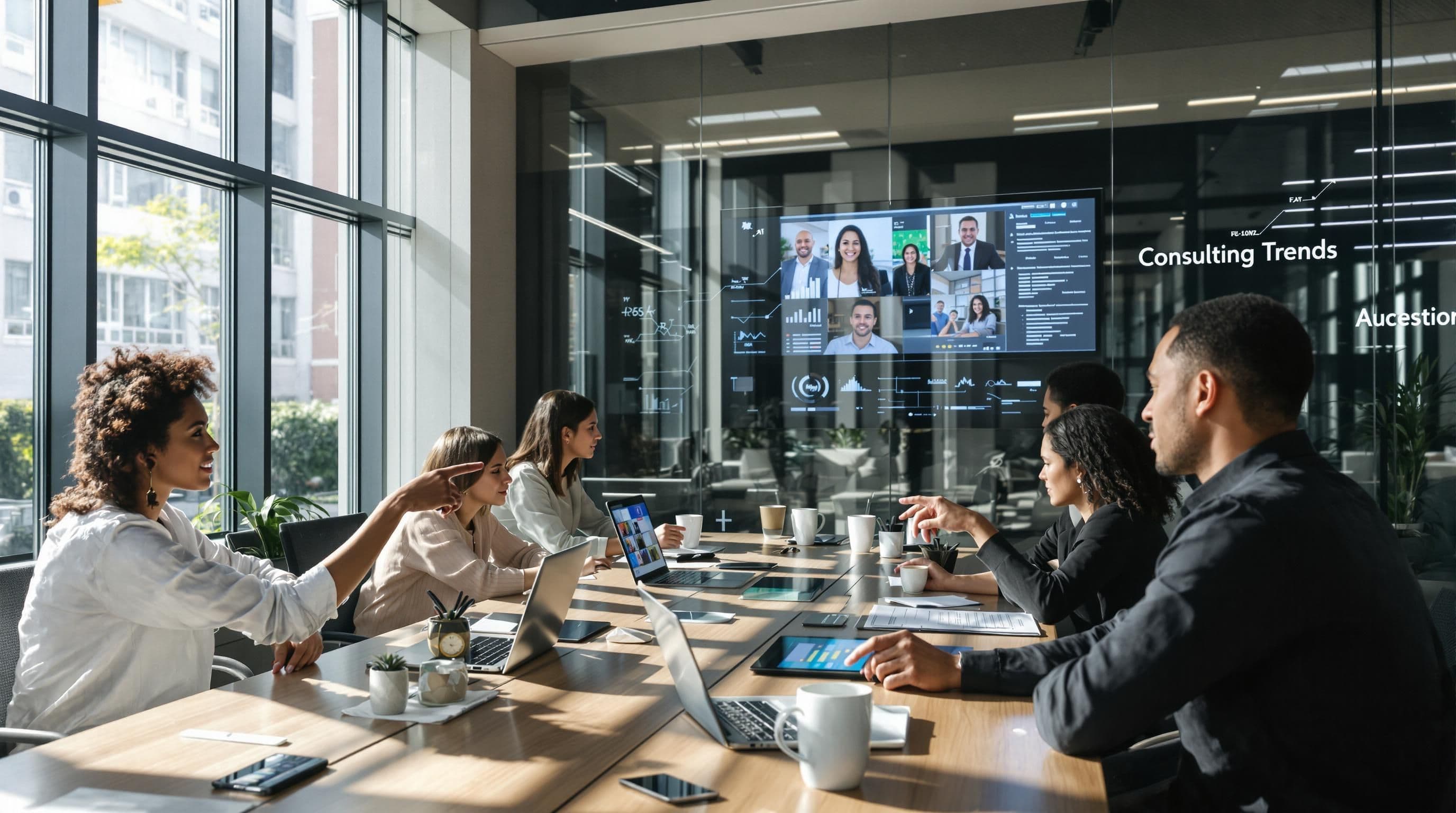 Diverse IT consultants collaborate with AI data in modern open office