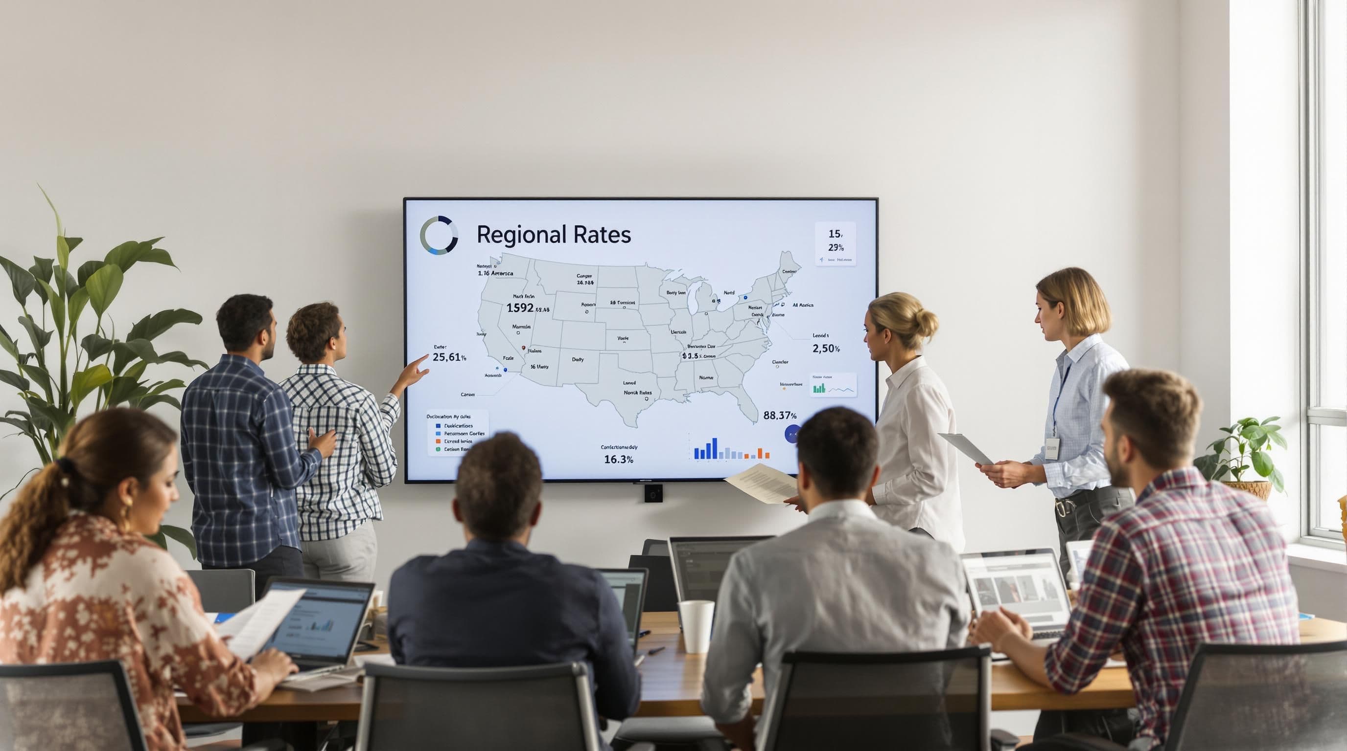 Team of IT consultants reviewing regional rate maps and data in coworking space