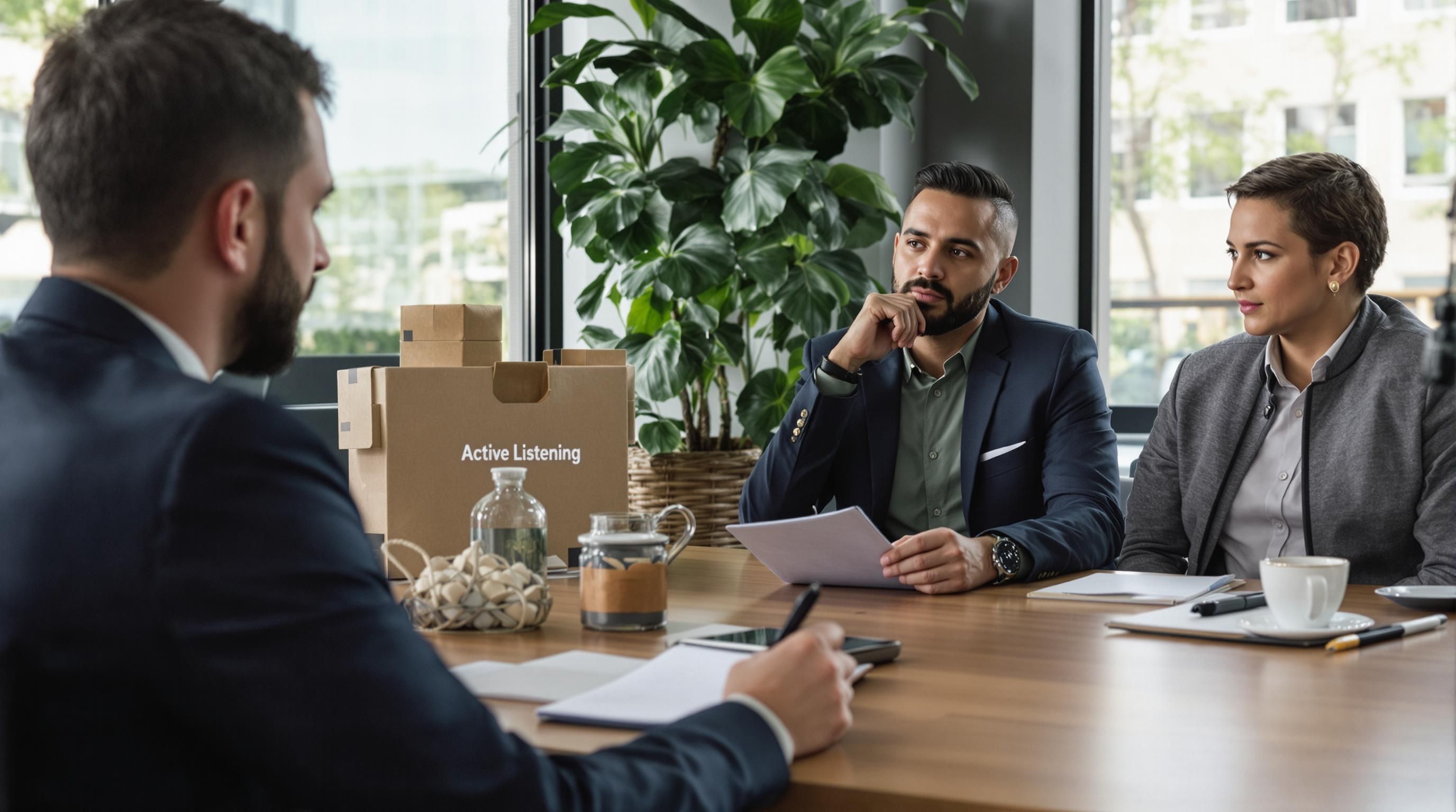 IT consultants listening to client, 'Active Listening' written on notepad