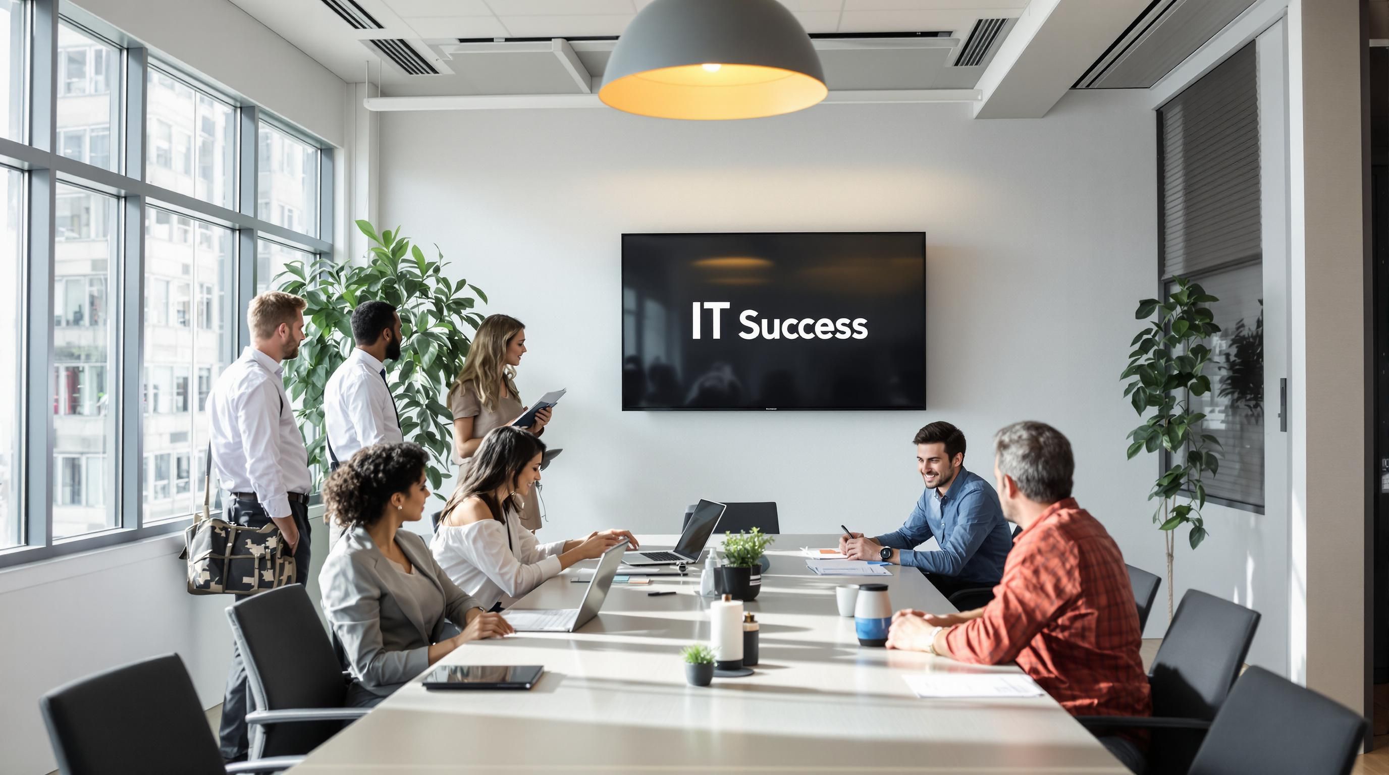 Modern office, diverse IT team collaborating, 'IT Success' on wall display