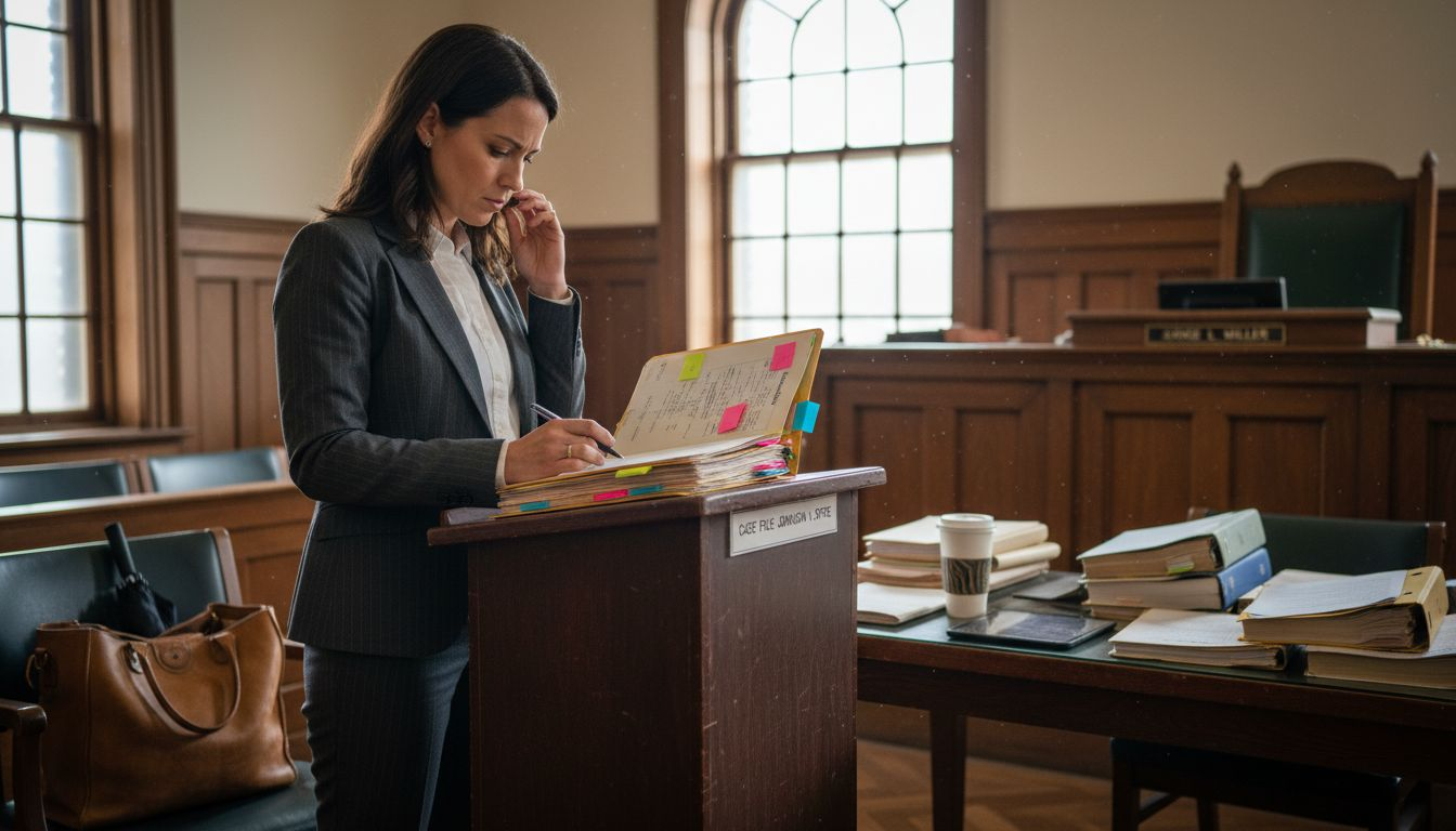 Attorney reviews documents at courtroom podium