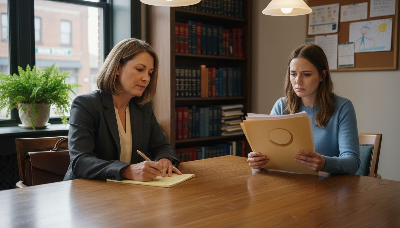 Attorney and client reviewing custody papers