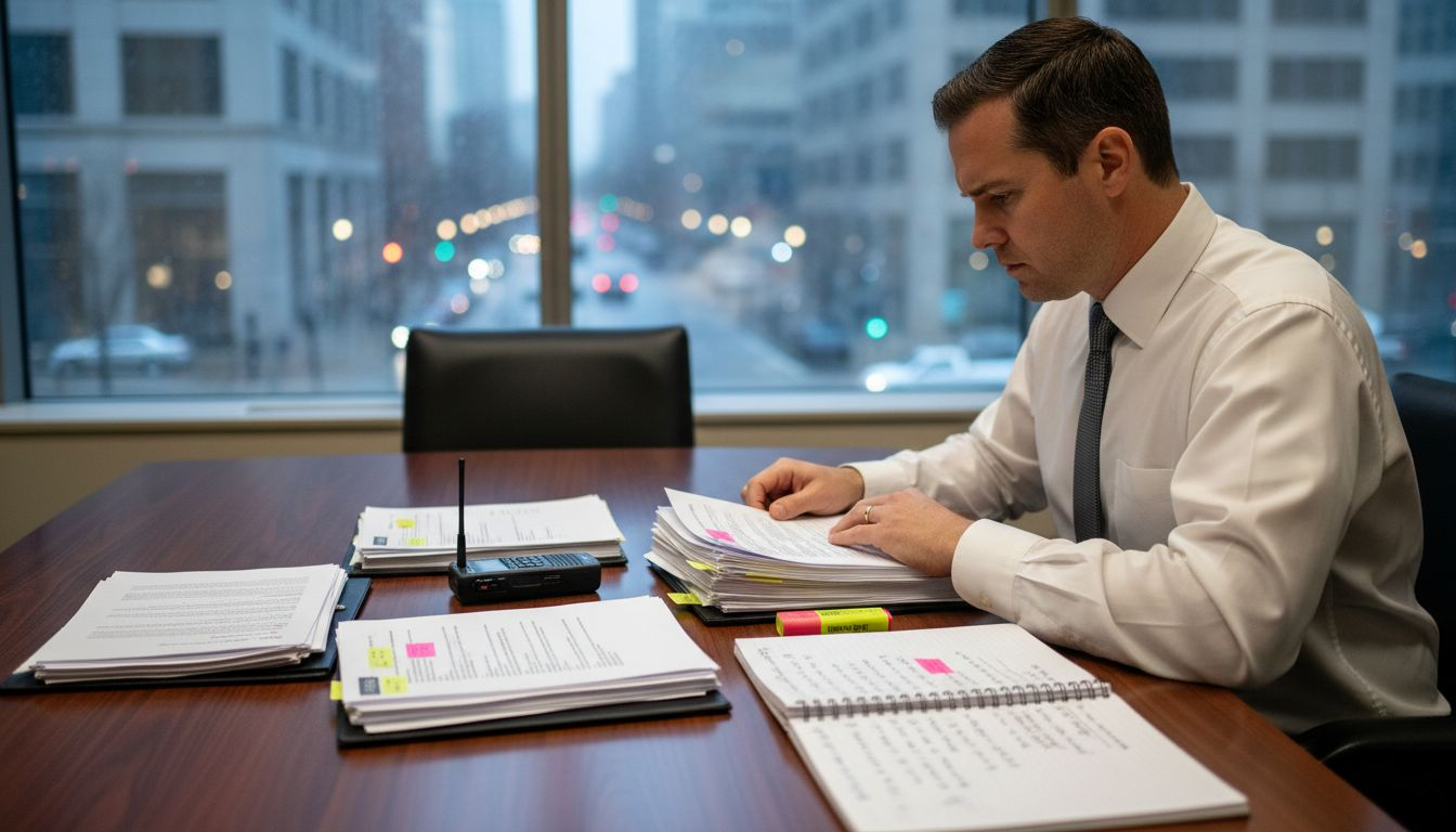 Attorney reviews police reports evidence in conference room