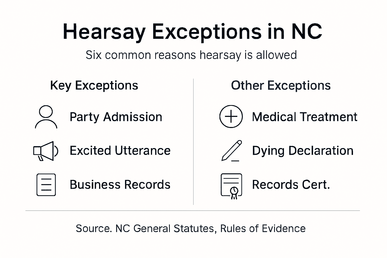 Infographic of six main hearsay exceptions in NC
