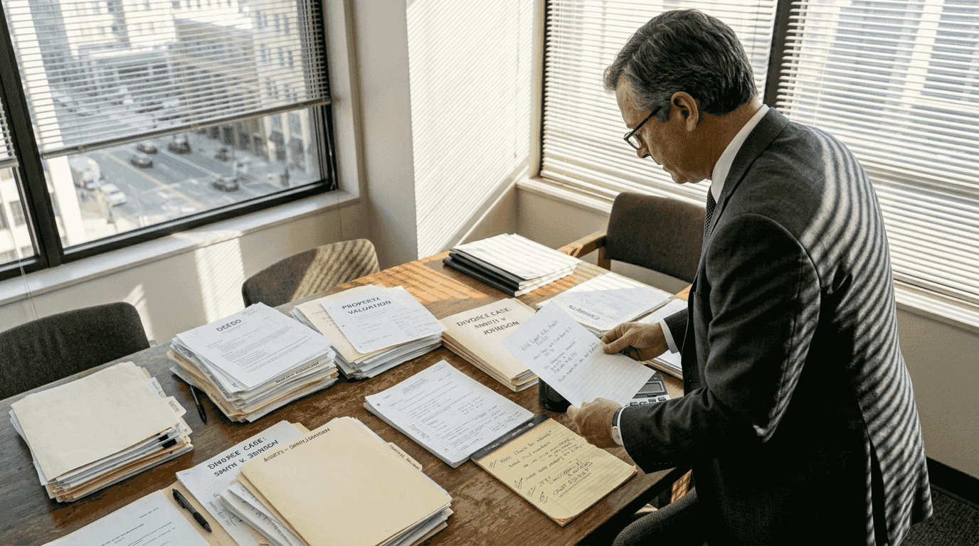 Judge sorting divorce case property documents