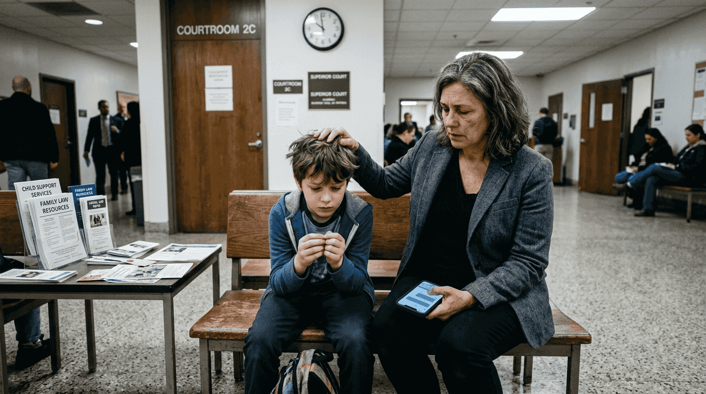 Parent and child waiting outside courtroom