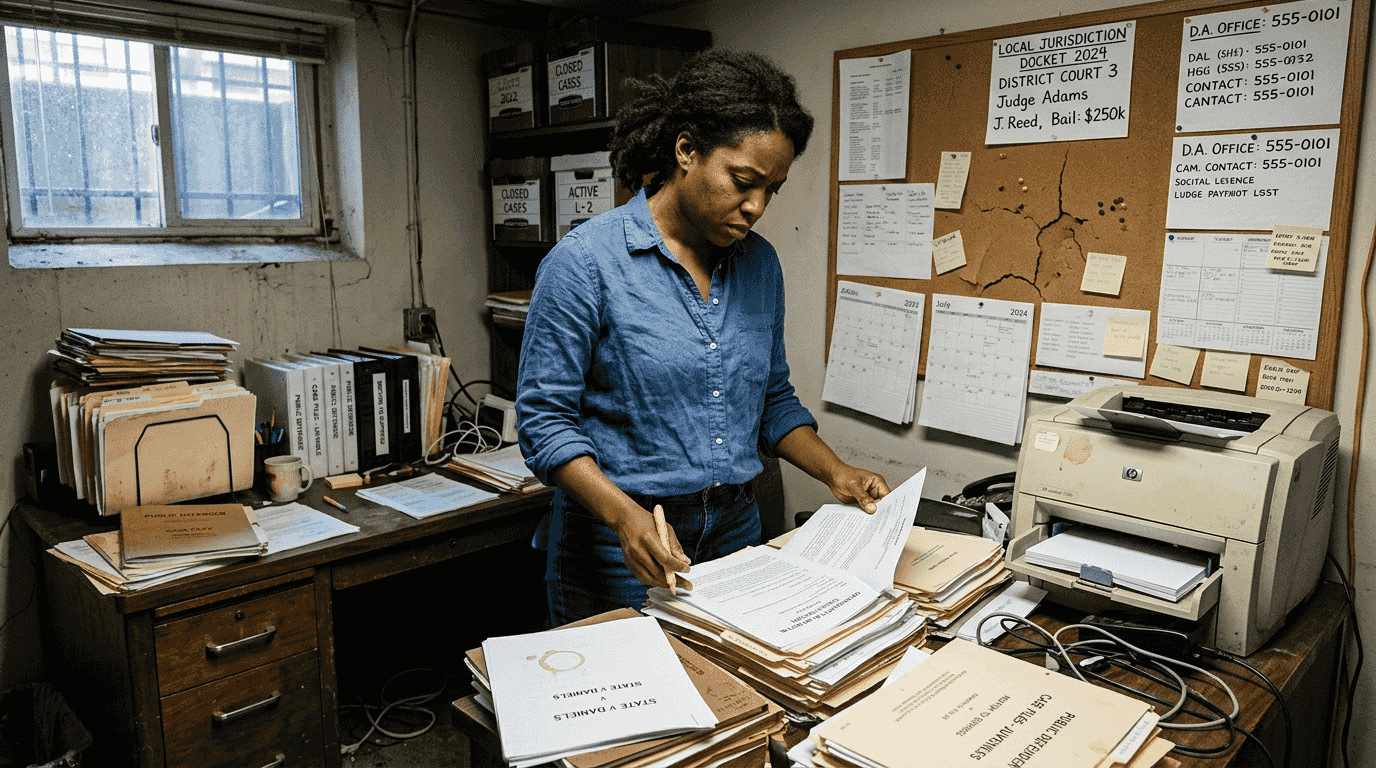 Attorney reviewing case files in small office