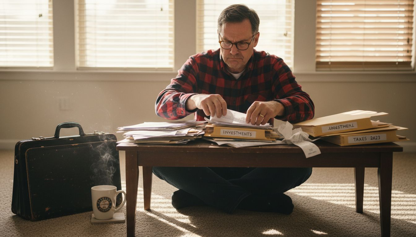 Man organizes financial evidence for divorce case