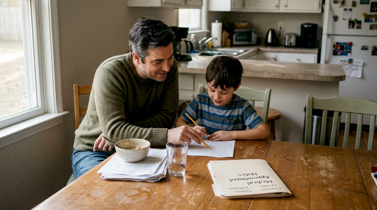 Parent helping child with homework papers
