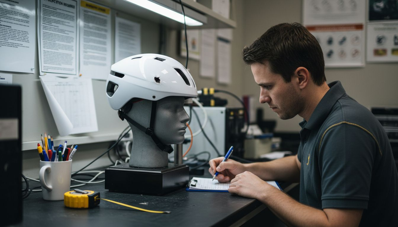 Lab technician testing cycling helmet’s impact safety