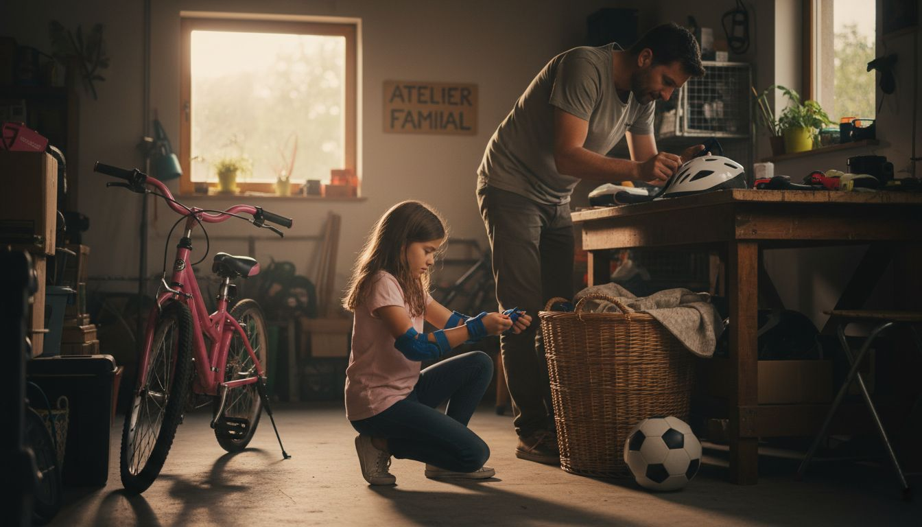 Un enfant ajuste son casque de vélo avec l’aide de son parent.
