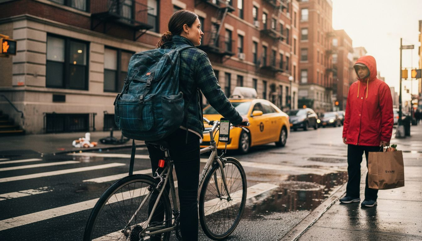 Cyclist waiting at city intersection hazard