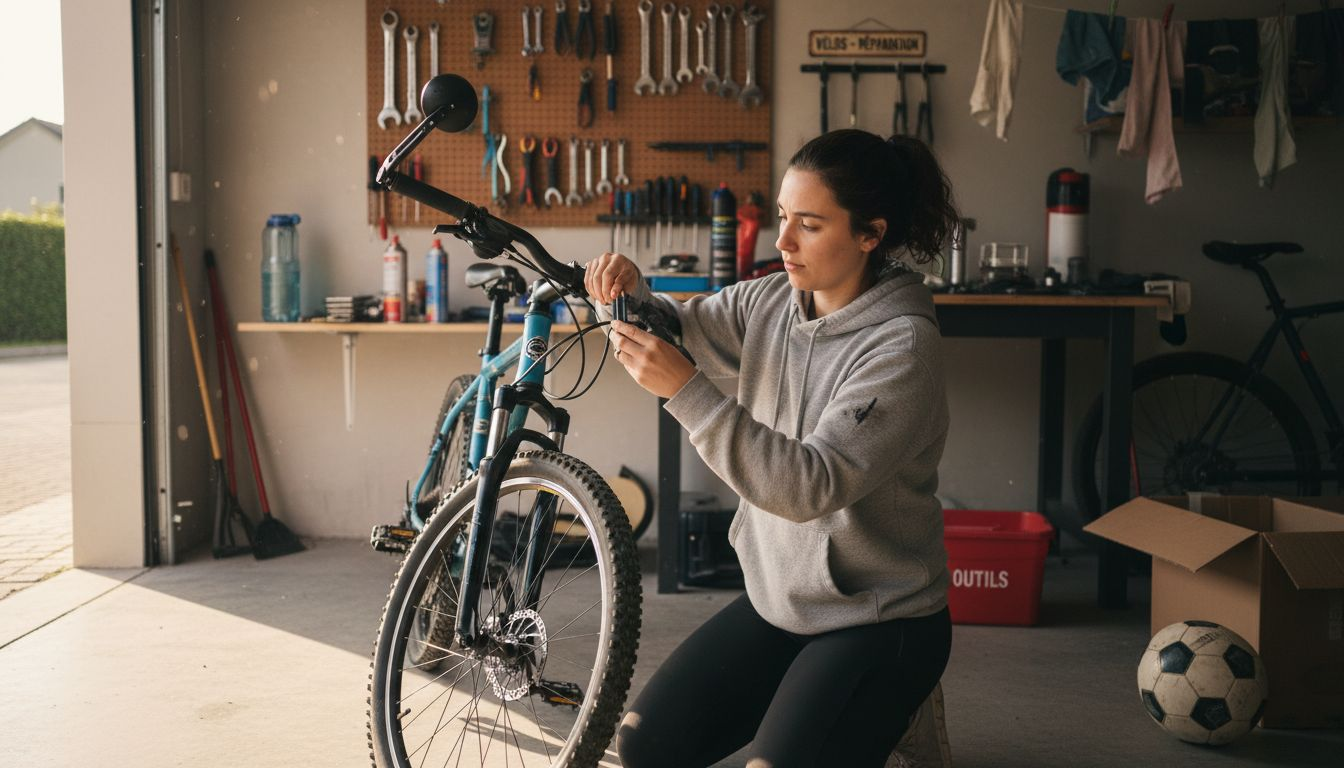 Une femme installe un rétroviseur sur son vélo dans le garage.