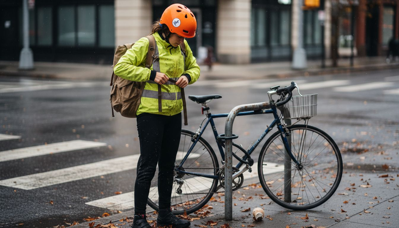 Cyclist adjusting reflective gear on sidewalk