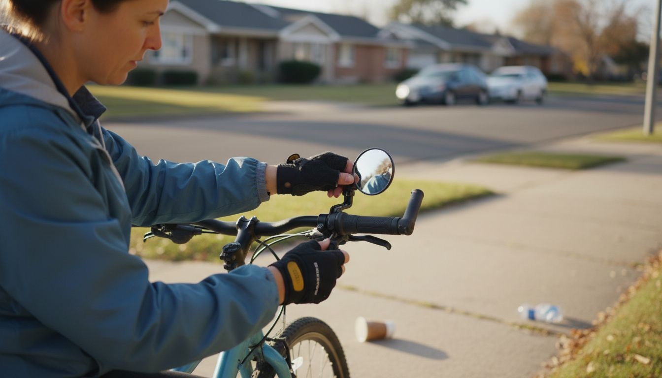 Cyclist adjusting rear-view mirror outdoors