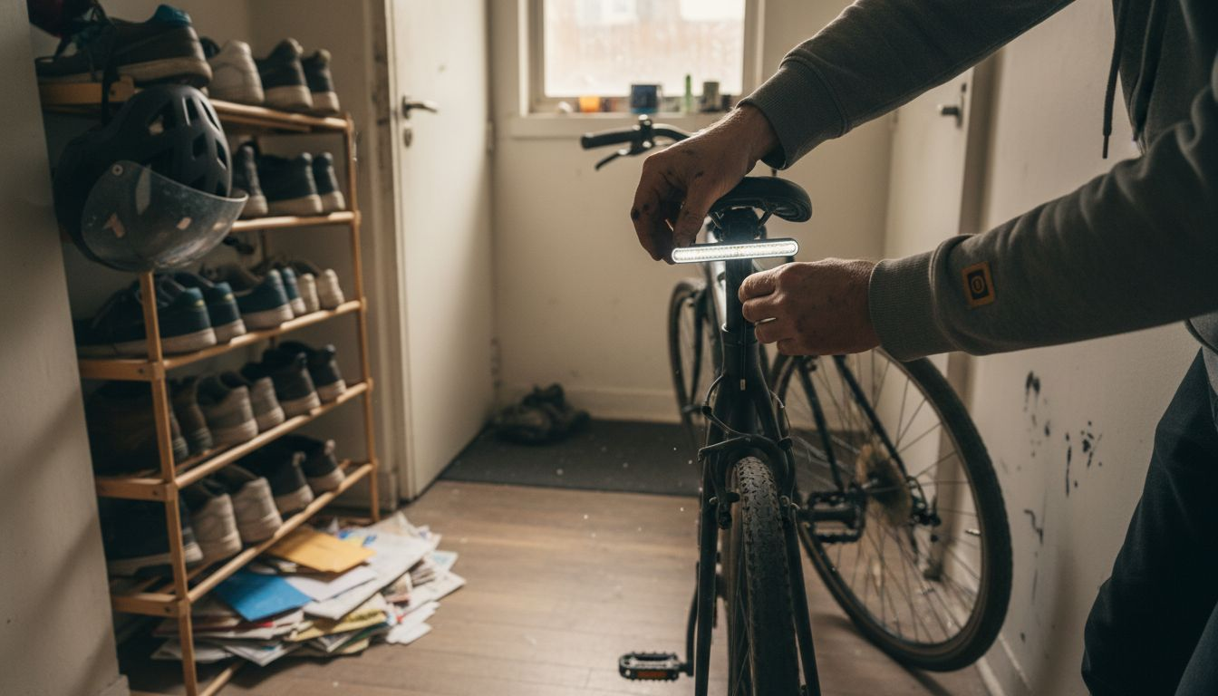 Cyclist upgrading safety equipment in apartment hall