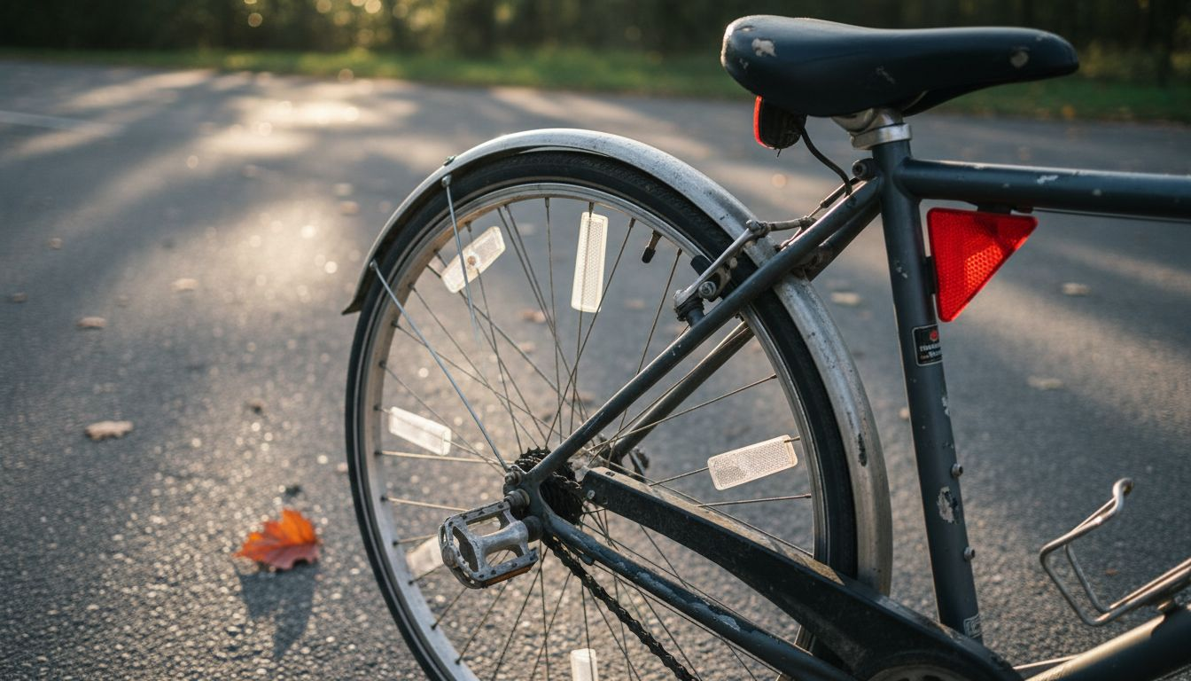 Gros plan sur les catadioptres fixés aux rayons d’une roue de vélo