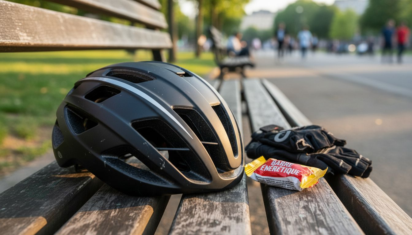 Un casque dernier cri posé sur un banc usé, à côté d’une paire de gants.