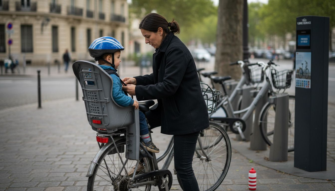 Une maman installe soigneusement son enfant dans le siège arrière du vélo et s’assure qu’il est bien attaché.