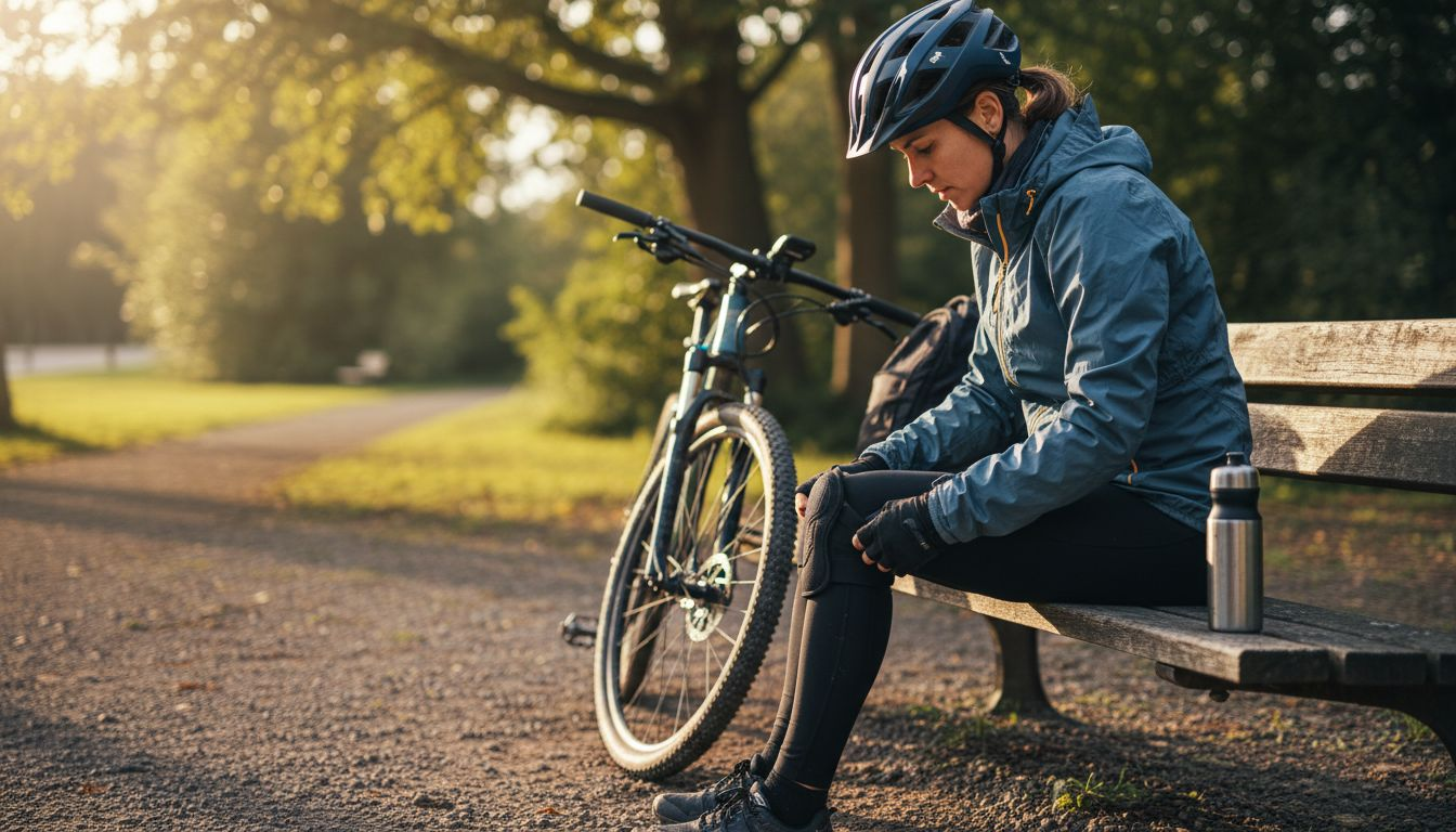 Cyclist adjusting helmet and knee pads