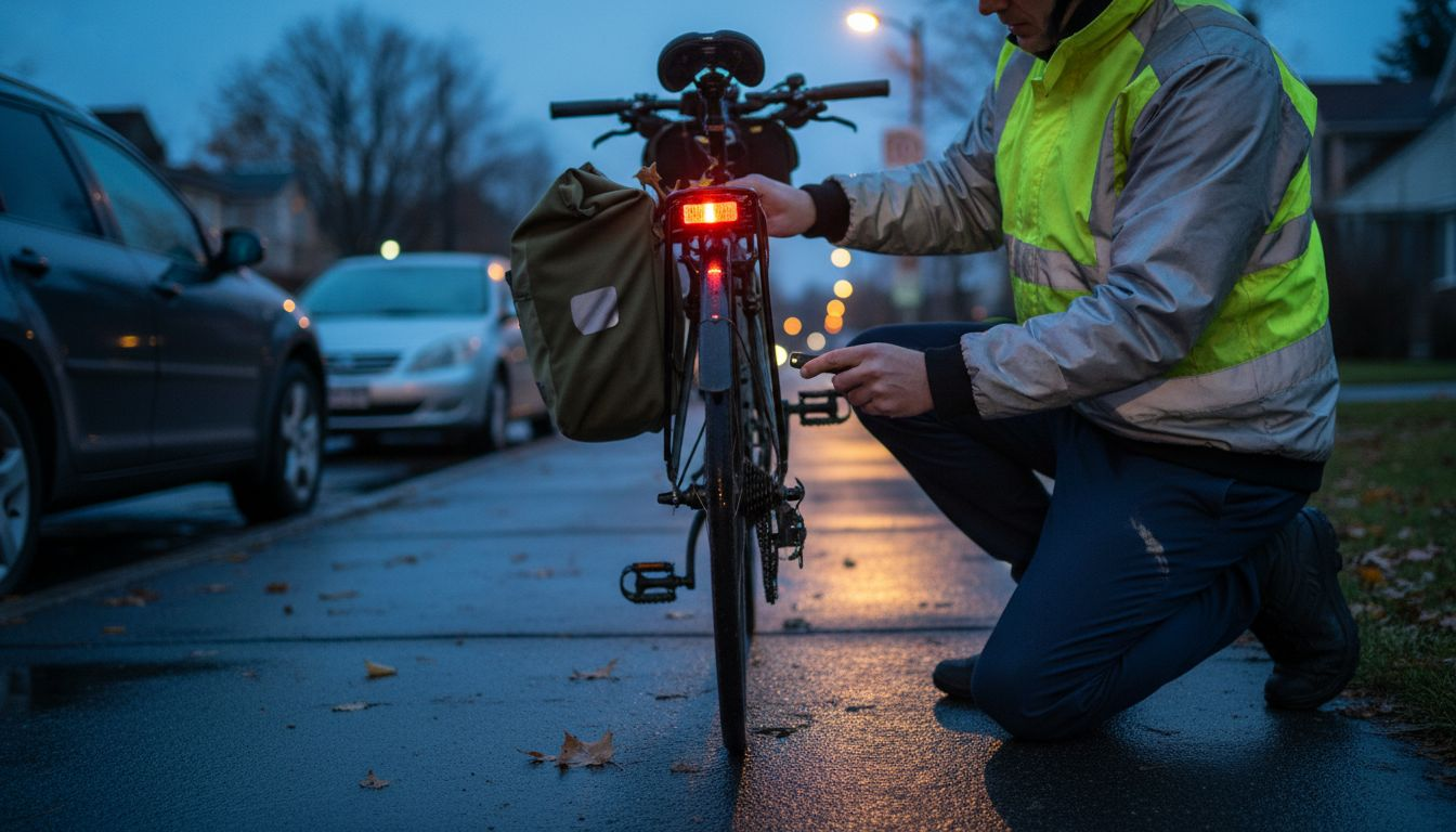 Un cycliste essaie ses feux arrière LED à la tombée de la nuit.