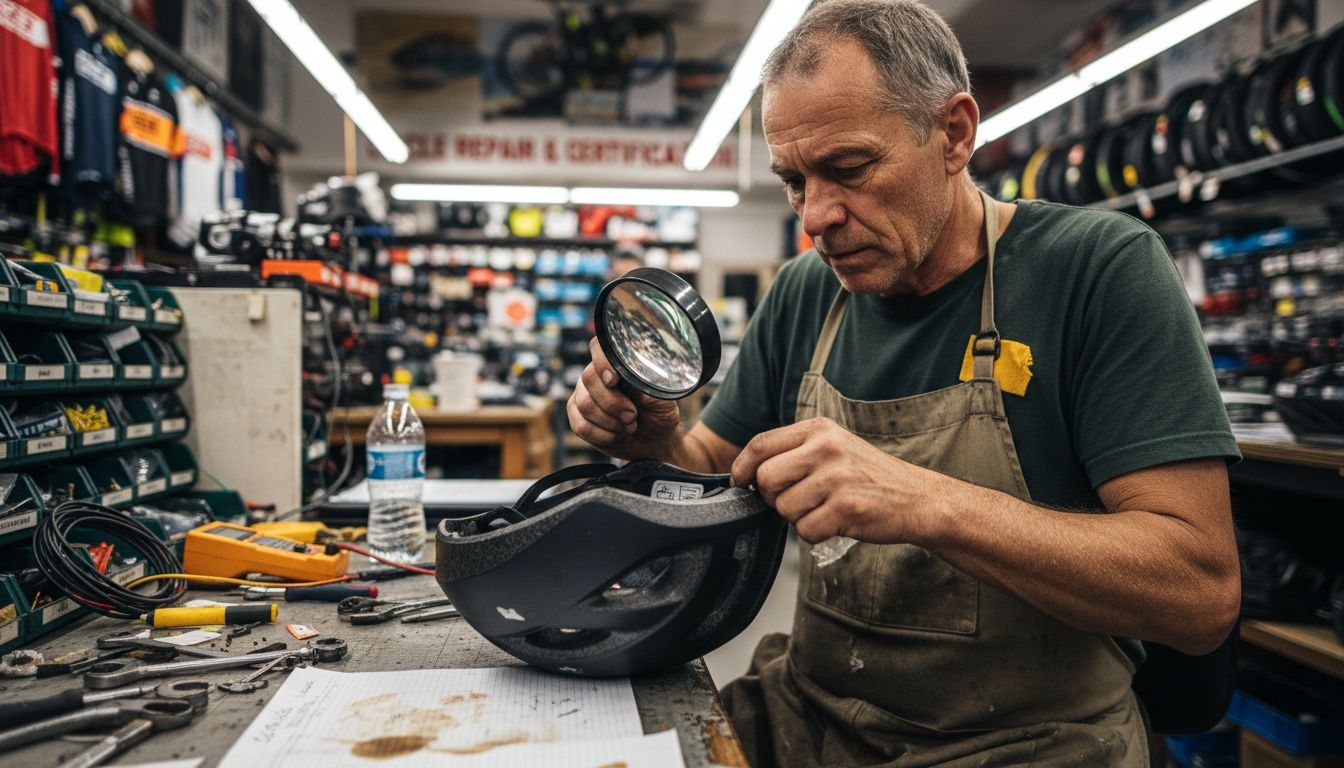 Worker inspecting helmet certification label