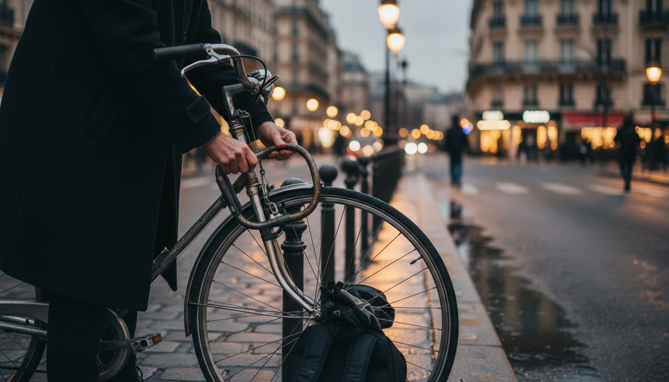 Une femme attache son vélo avec un antivol sur un parking en centre-ville.