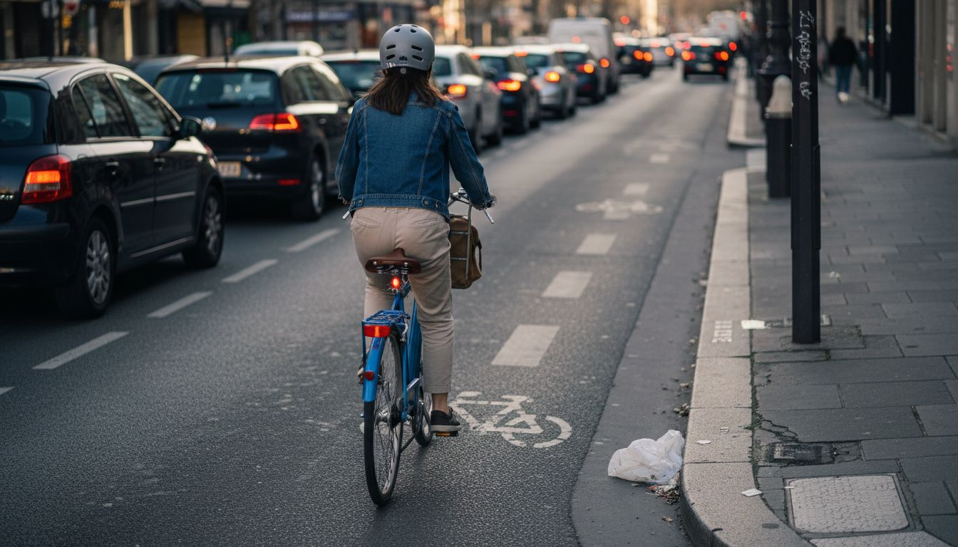 Cycliste roulant au milieu de la chaussée, entourée de voitures