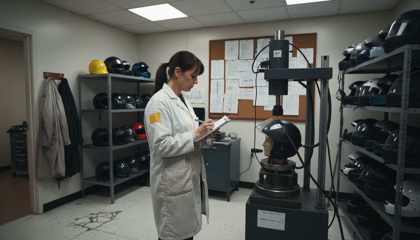 Helmet lab test in process, technician watching
