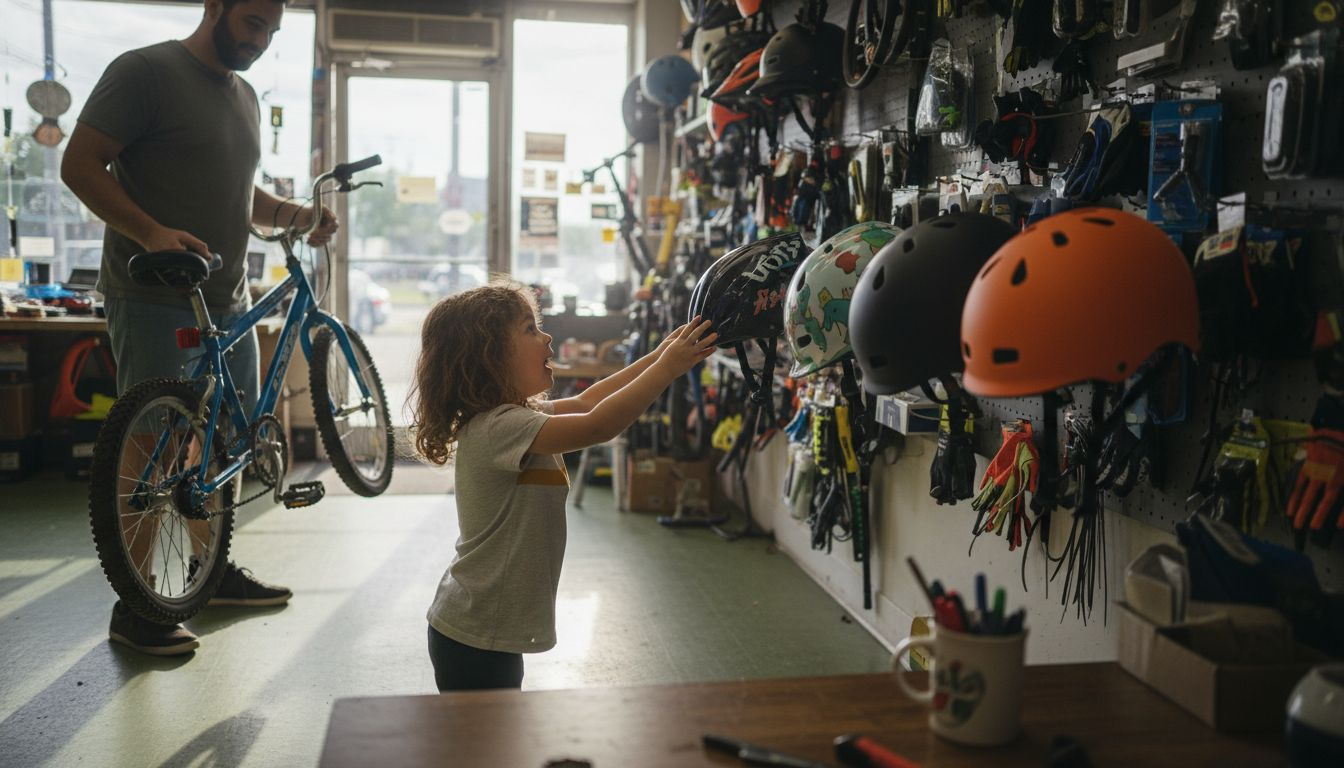 Child choosing helmet in bike store