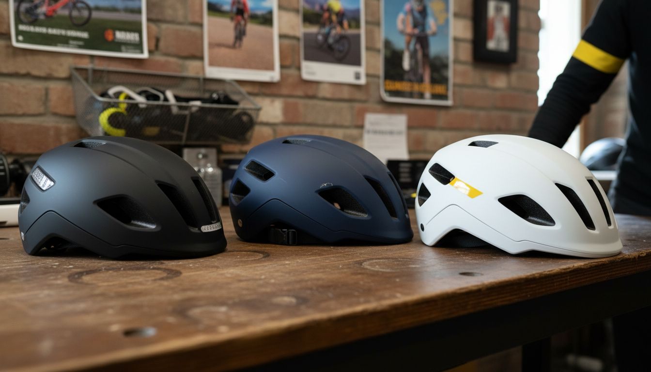Three modern urban bike helmets display features