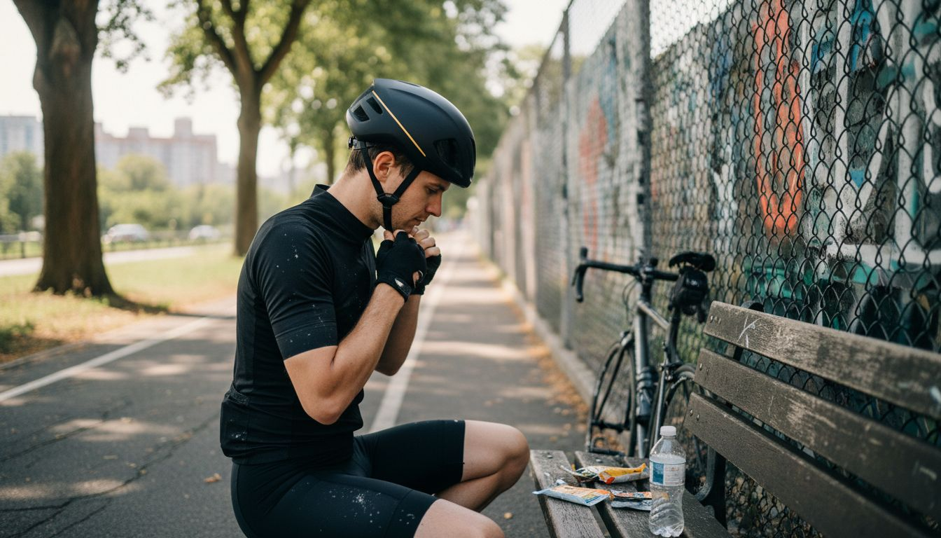 Cyclist fastening aerodynamic helmet near bike path