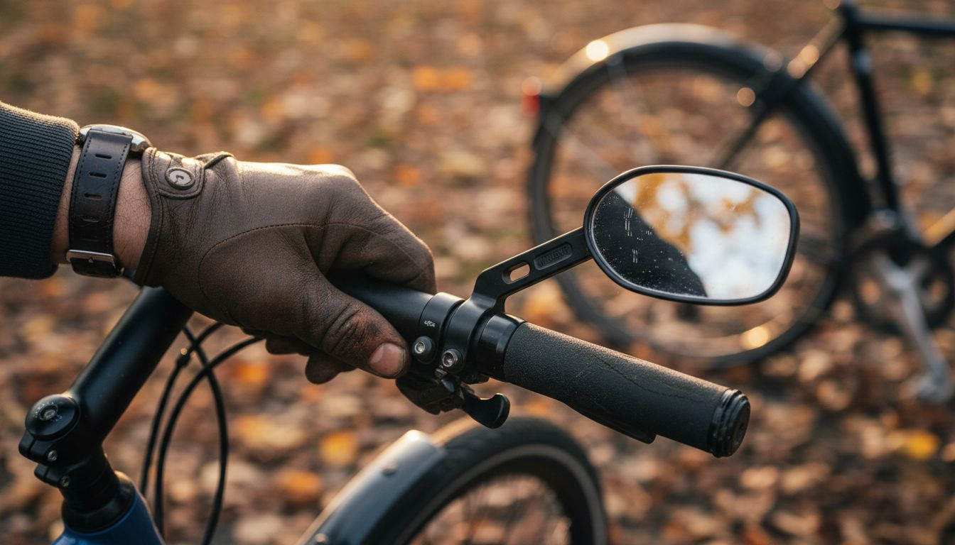 Une main règle le rétroviseur fixé au bout du guidon du vélo.