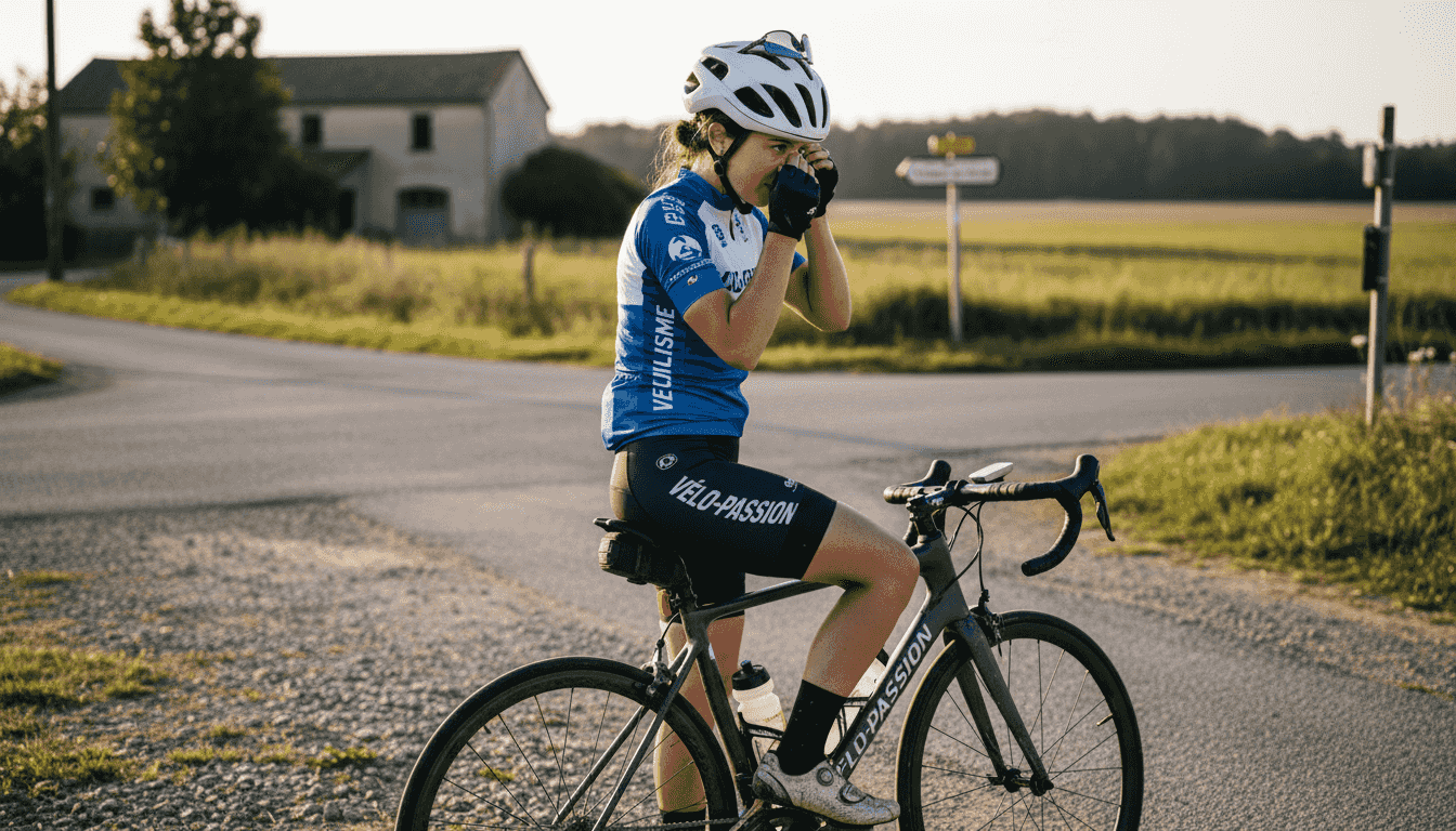 Un cycliste sur route prend le temps d’ajuster son casque profilé pour optimiser son confort et sa performance.