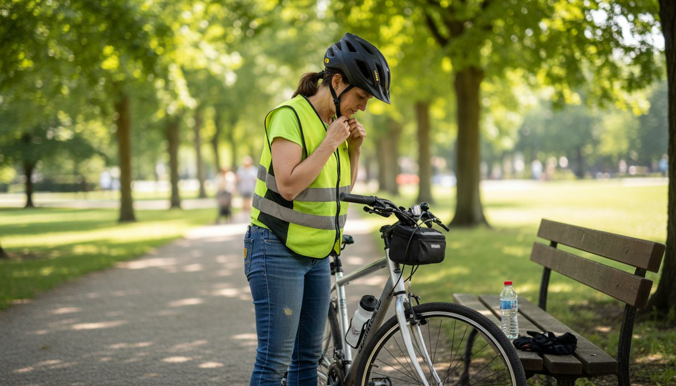 Cyclist adjusting helmet fit in park