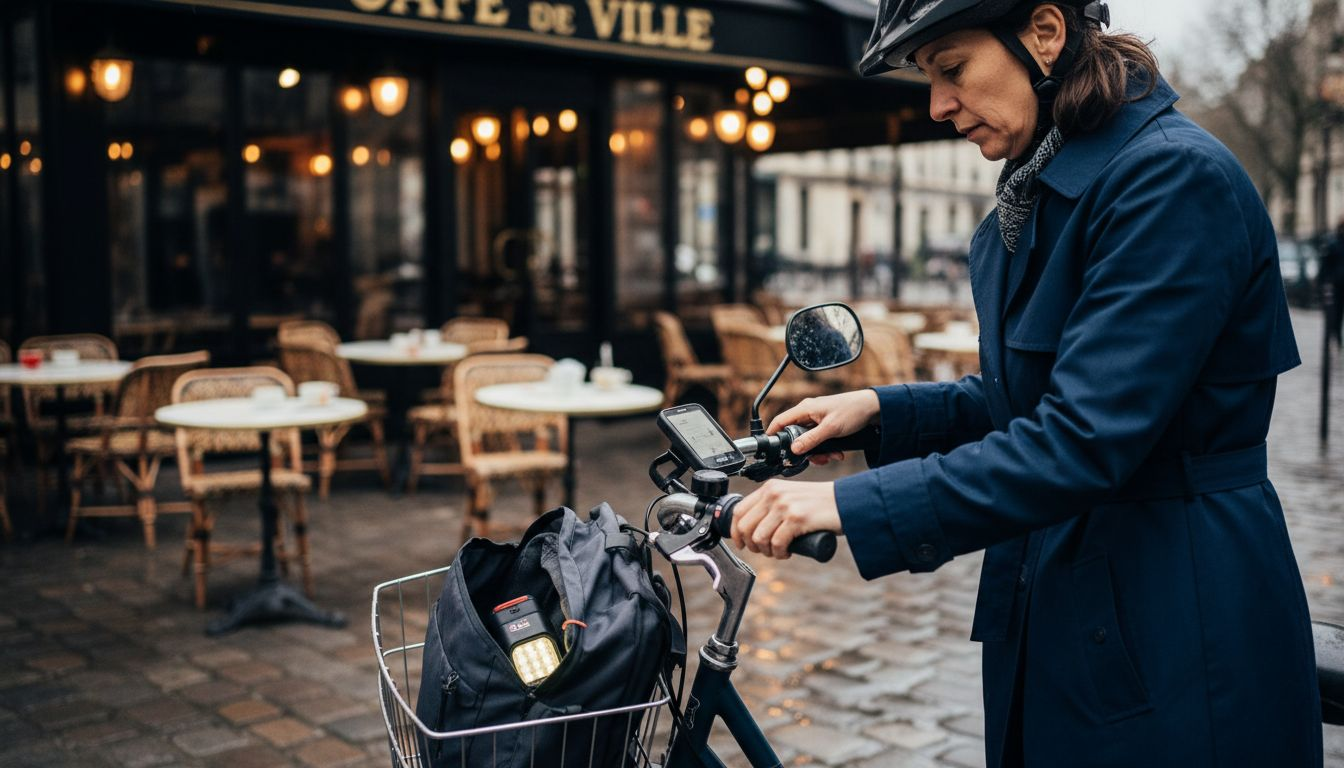 Un cycliste en ville règle ses accessoires connectés