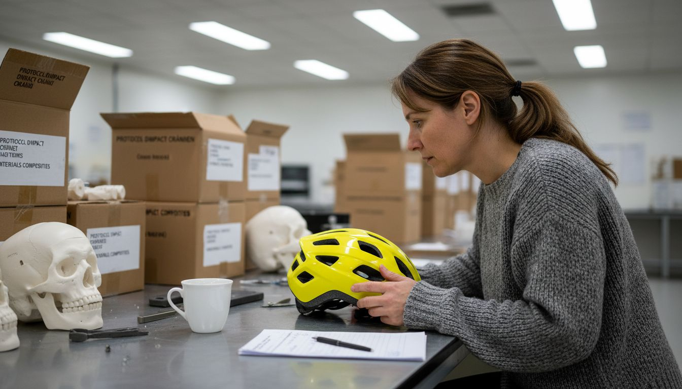 Une chercheuse analyse un casque de vélo sur une paillasse en laboratoire.