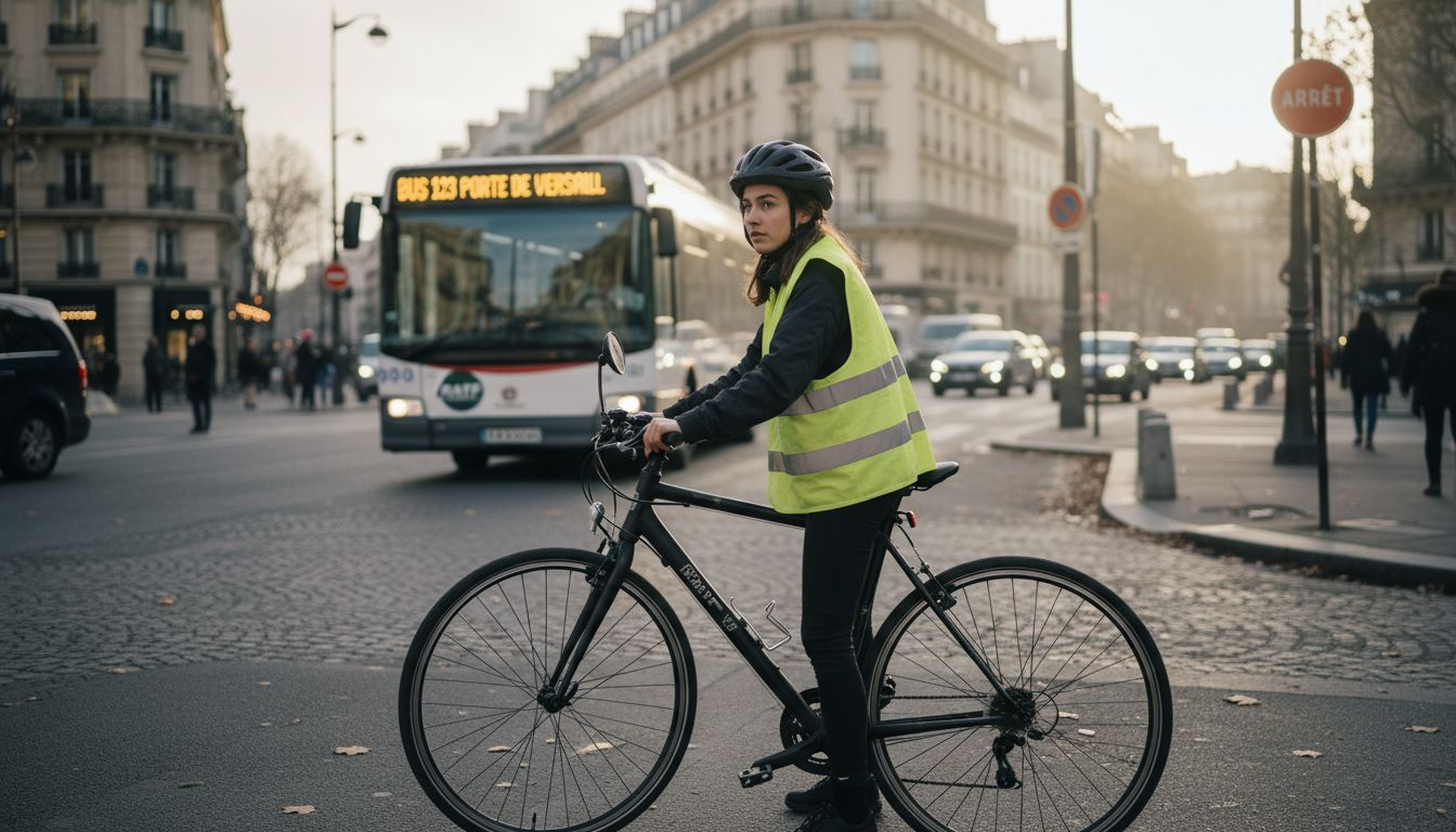 Un cycliste surveille l’arrivée d’un bus urbain grâce au rétroviseur fixé sur son casque.