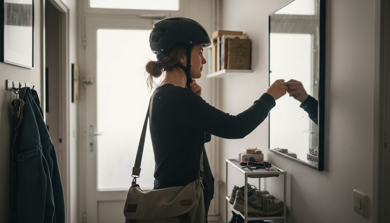 Une femme essaie un casque intégral pour vérifier s’il lui convient bien.
